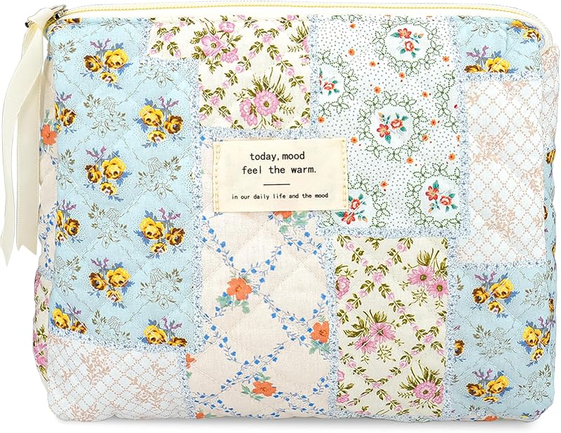 Necessaire de maquiagem Sminra acolchoada com estampa floral azul e zíper