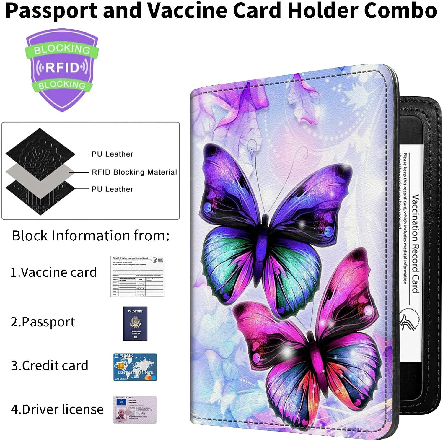 Passport and Vaccine Card Holder Combo, PU Leather Cute RFID Blocking Passport Cover with Covid Vaccine Card Holder Slot for Women Men Traval (With Pen)- Purple Butterfly