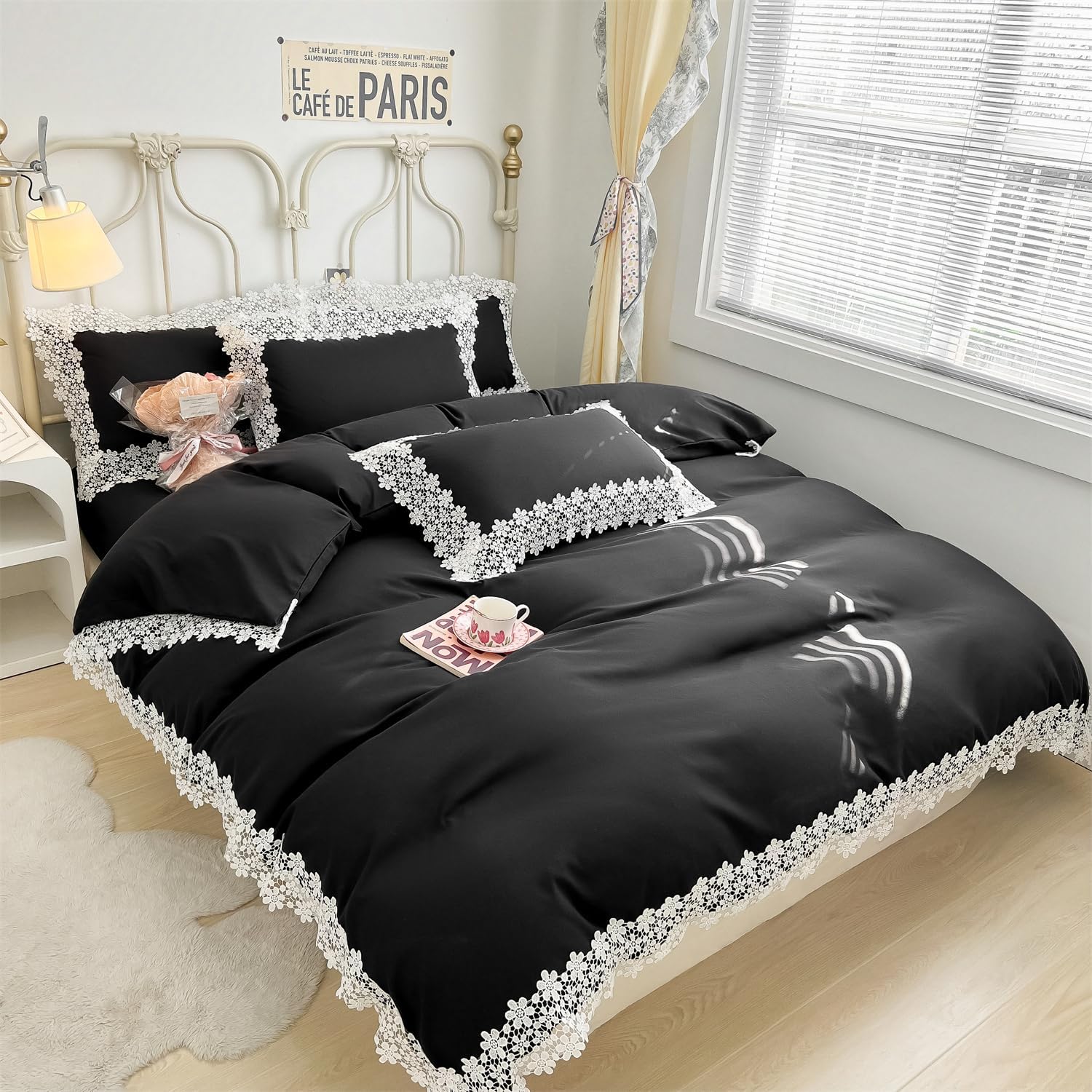 IHOUSTRIY Lace Duvet Cover Twin Size, Chic Ruffle Beddding Set, 2 Pieces Comforter Cover Set with Zipper Closure, Girl Bedding with Pillowcase - Black, Twin