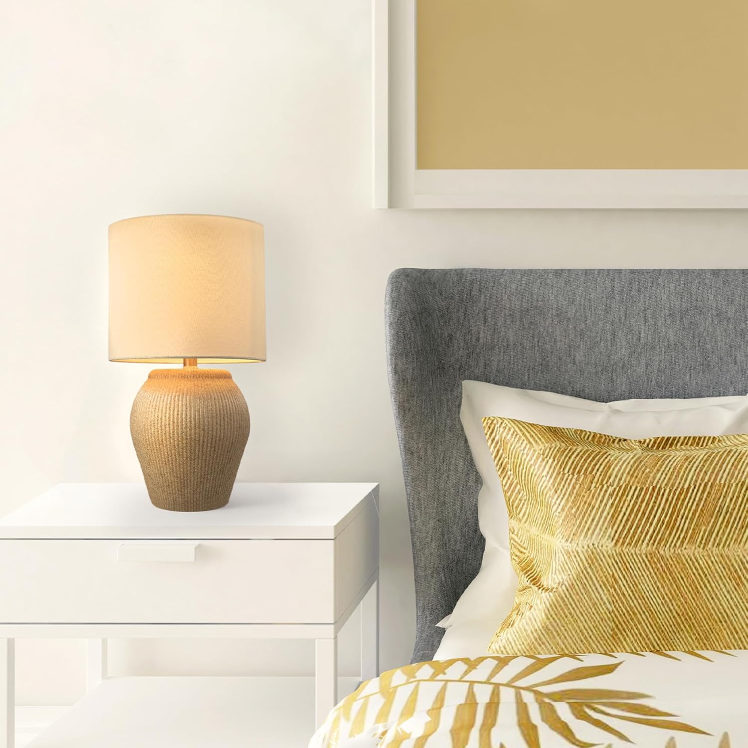 Globe Electric 61000049 18" Ceramic Table Lamp, Soft Beige Finish, Textured Base, White Linen Shade, On/Off Rotary Switch on Socket, Modern Light for Living Room, Bedroom, or Kitchen