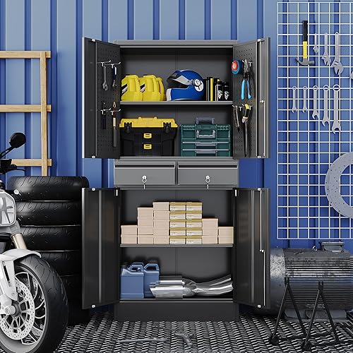 Miniatura 81 de Armario de almacenamiento de metal con tablero de clavijas de 31.5 x 31.5 x 16.5 pulgadas, armario de almacenamiento de acero con cerradura con 5