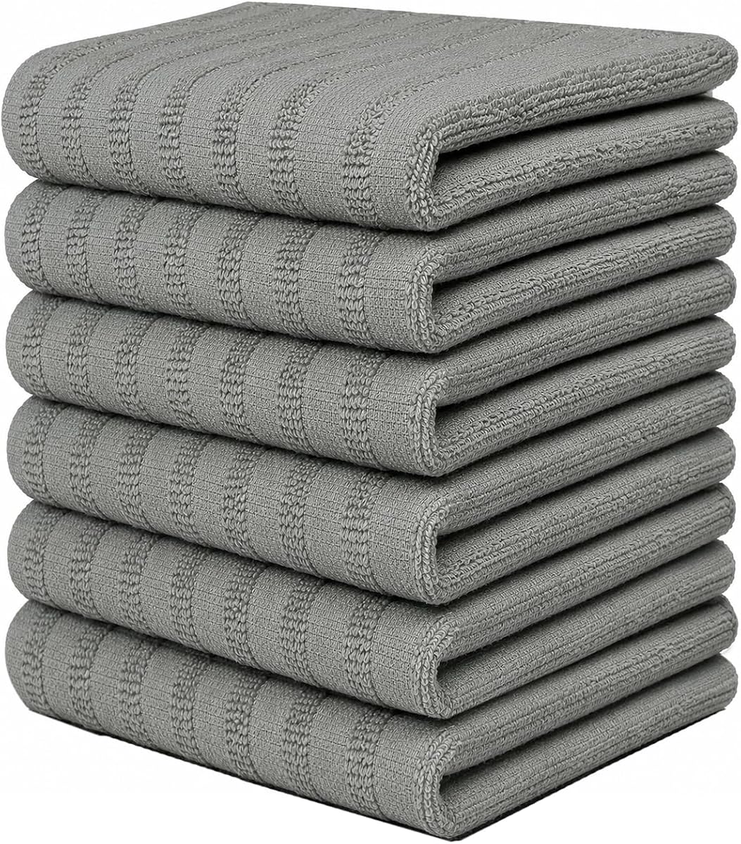 Premium Kitchen Towels 6 Pack 100% Cotton, 20"x28" - Grey Solid | Large 450 GSM Terry Dish Towel, Kitchen Hand Towels with Hanging Loop, Highly Absorbent for Washing and Drying Dishes