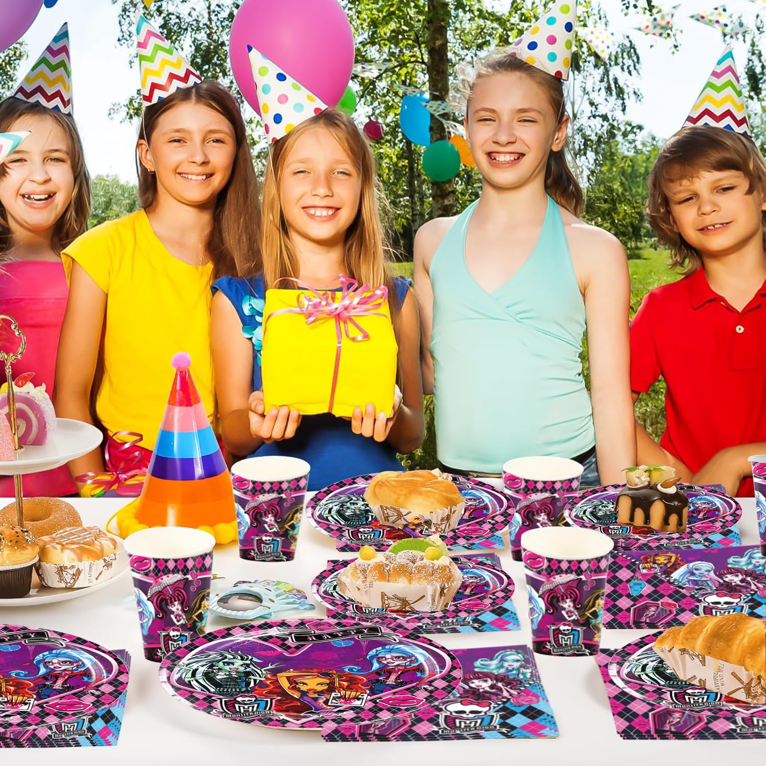 61 pezzi di stoviglie per feste Monster High, festa di compleanno per bambini Monster High, inclusi piatti di carta, bicchieri, tovaglie e tovaglioli
