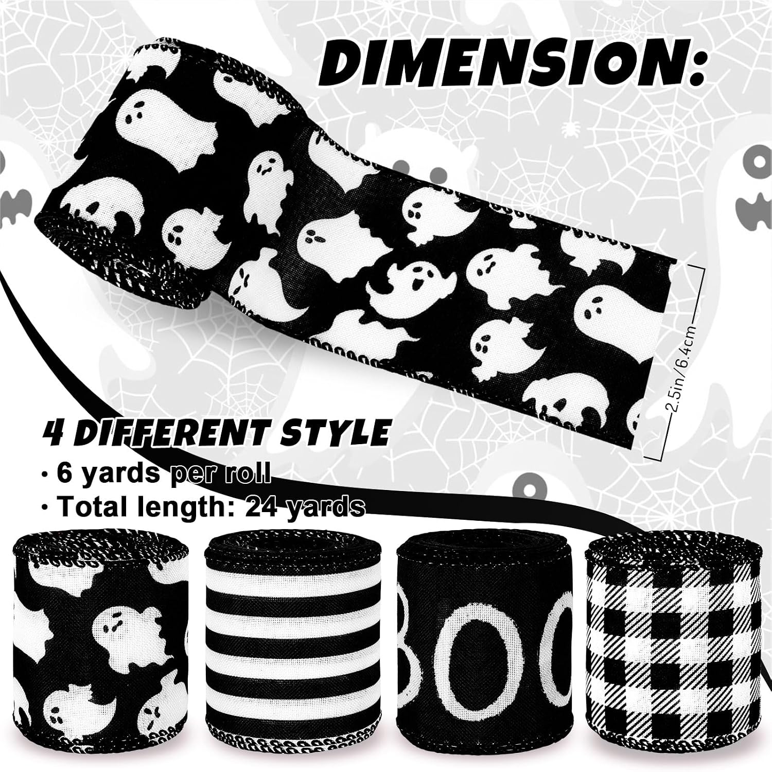 Whaline 4 Rolls Halloween Wired Ribbon Black White Ghost Pattern Gift Wrapping Ribbon Buffalo Plaid Stripe Decorative Ribbons for Crafts Bow Wreath Gift Wrapping Halloween Party Decor, 24 Yards