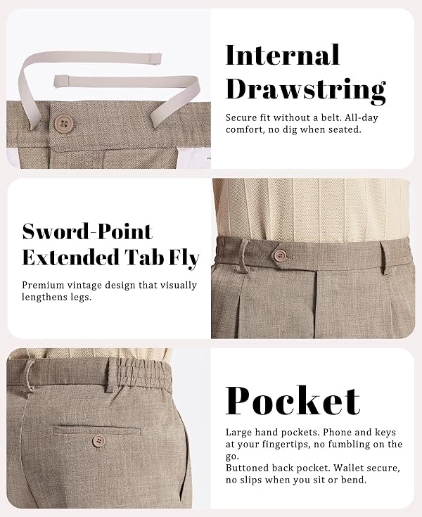 Susclude Men's Baggy Plaid Dress Pants Wide Leg Pleated Stylish Casual Slacks Lightweight Street Summer Loose Fit Trousers Khaki by Susclude - Used condition - Image 4