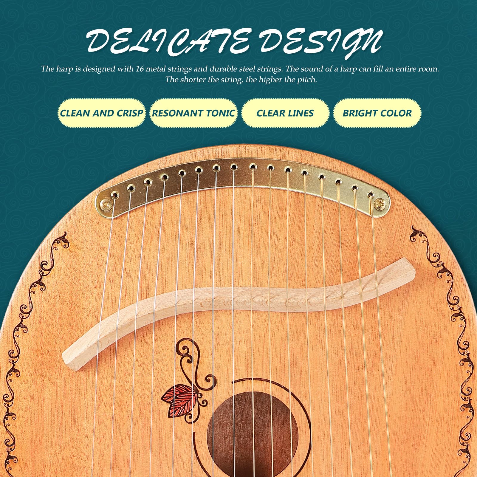 CANIGHT Lira Strumento Musicale a 16 Corde in Legno Portatile Effetto Sustain Prolungato, Arpa Delicata per Principianti e Musicisti