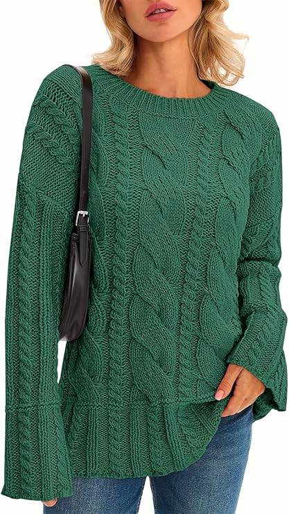 Saodimallsu Womens Chunky Cable Knit Sweaters Long Sleeve Crew Neck Fall Casual Loose Warm Pullover Tops