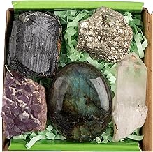 QianCannaor Protection Clarity Abundance Crystal Set – Amethyst Cluster, Pyrite, Black Tourmaline, Clear Quartz, Labradorite Healing Crystals for Meditation, Energy, and Spiritual Balance