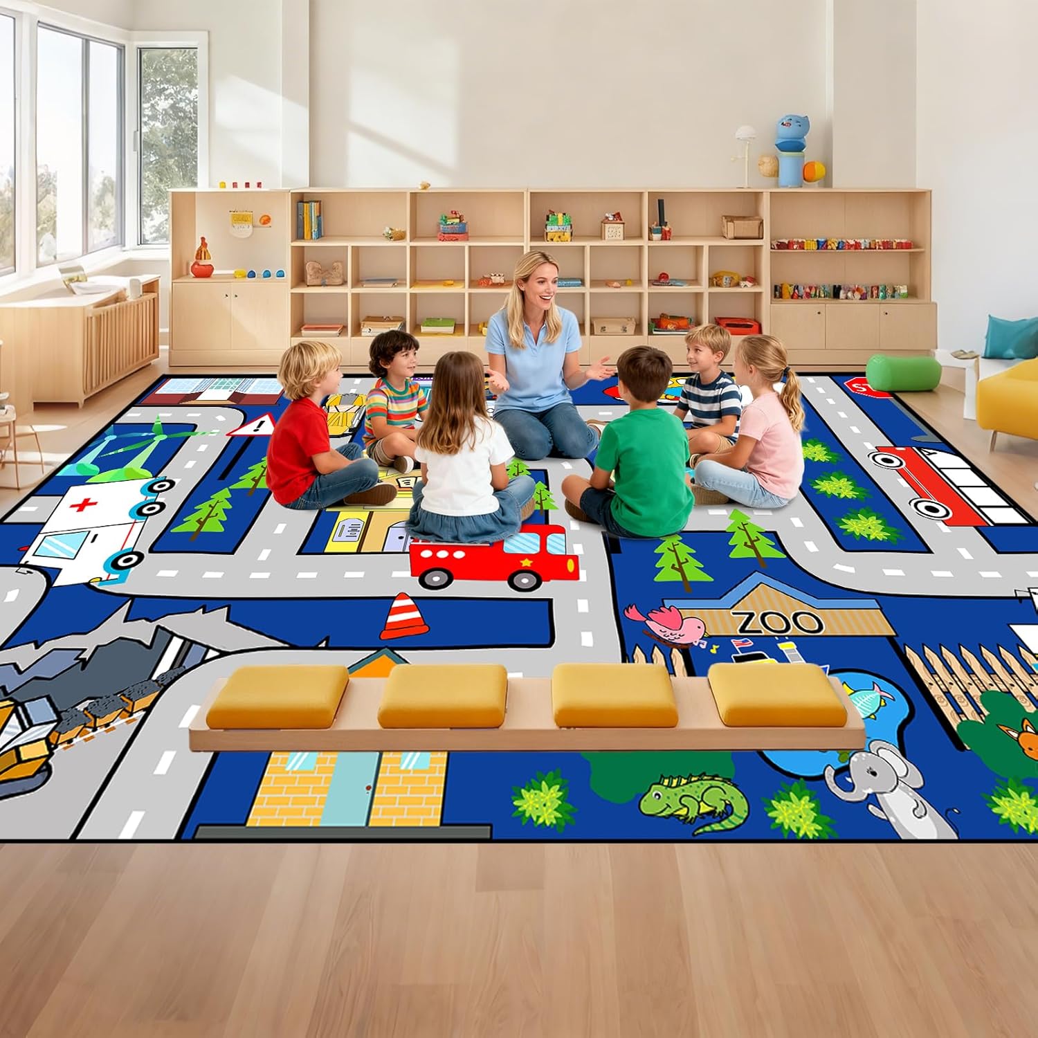 car rug play mat 6x8 feet - car road map rugs for playroom, large kids carpet playmat rug city life road carpets for classroom nursery kids play rugs, blue multi 1899 6' x 8' (rectangular)