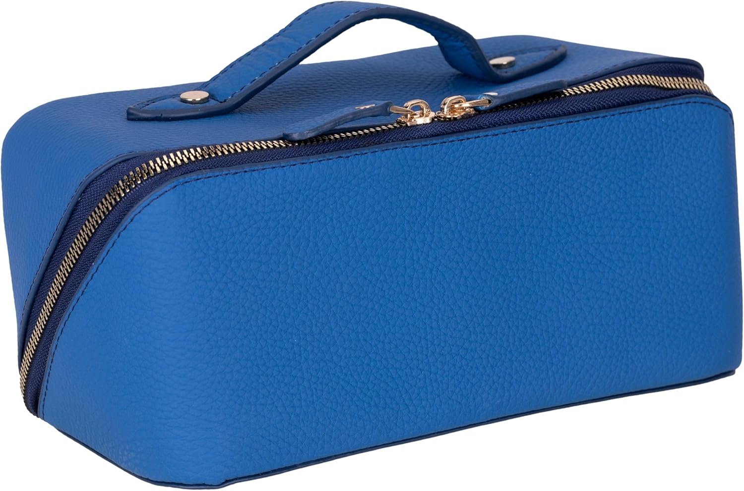 VENOULT Makeup Bag, Spacious Cosmetic Case for Women, Portable 180° Wide-Open Flat Cosmetic Bag, Travel Toiletry Organizer with Handle, Hanmdade, Full Grain Genuine Turkish Leather (Fun Blue)