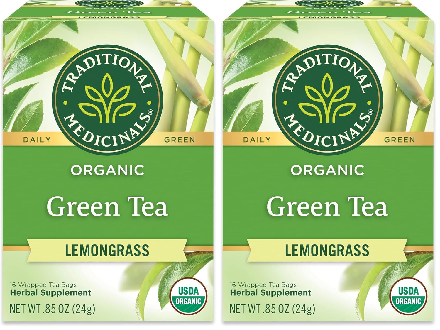 Traditional Medicinals Tea, Organic Green Tea Lemongrass, 16 Tea Bags (Pack of 2)