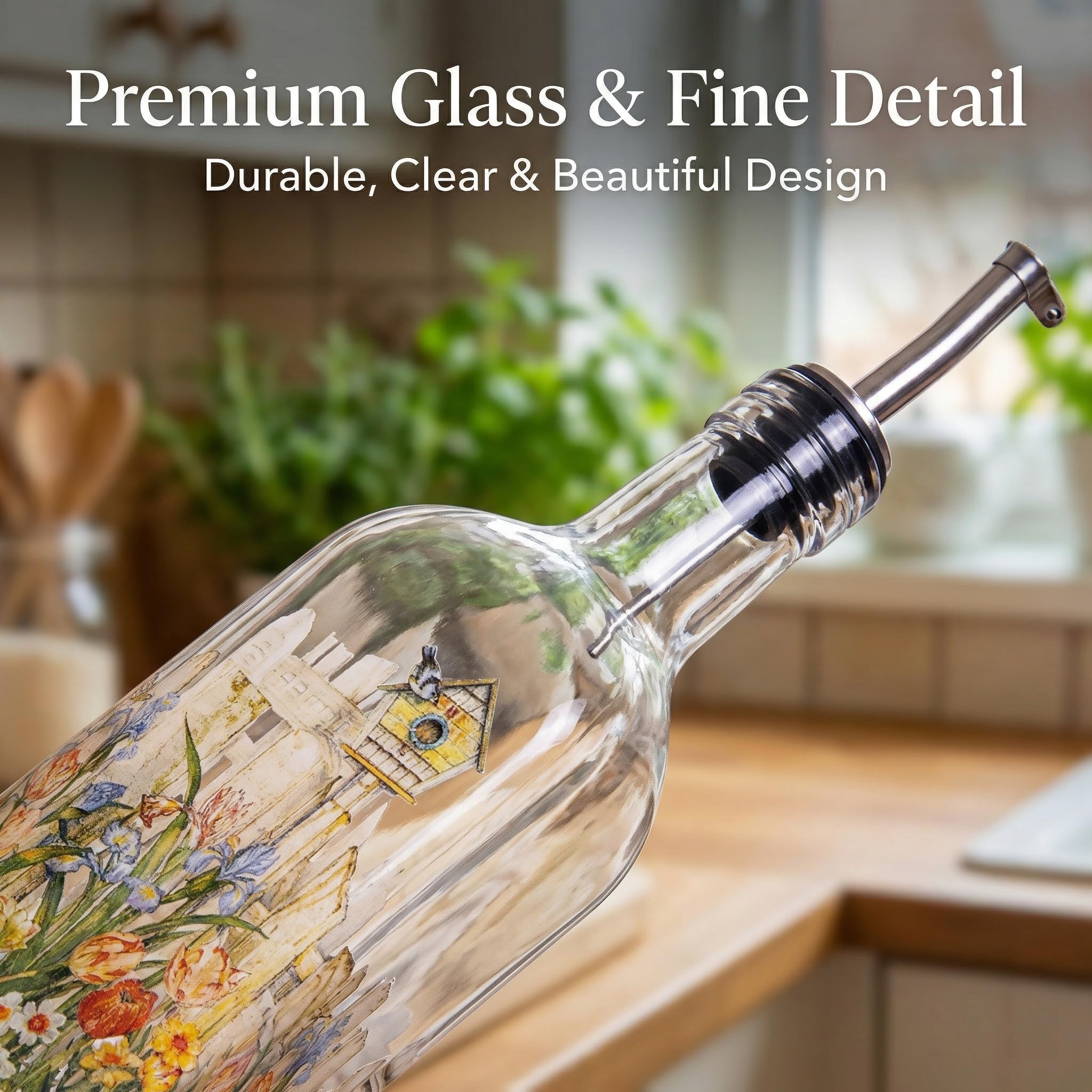 Olivenölflasche, Öl- und Essigflasche, 500 ml – Spenderflaschen-Set, Glasbehälter mit tropffreien Ausgießern aus Edelstahl, Flaschenset für Küche, Garten