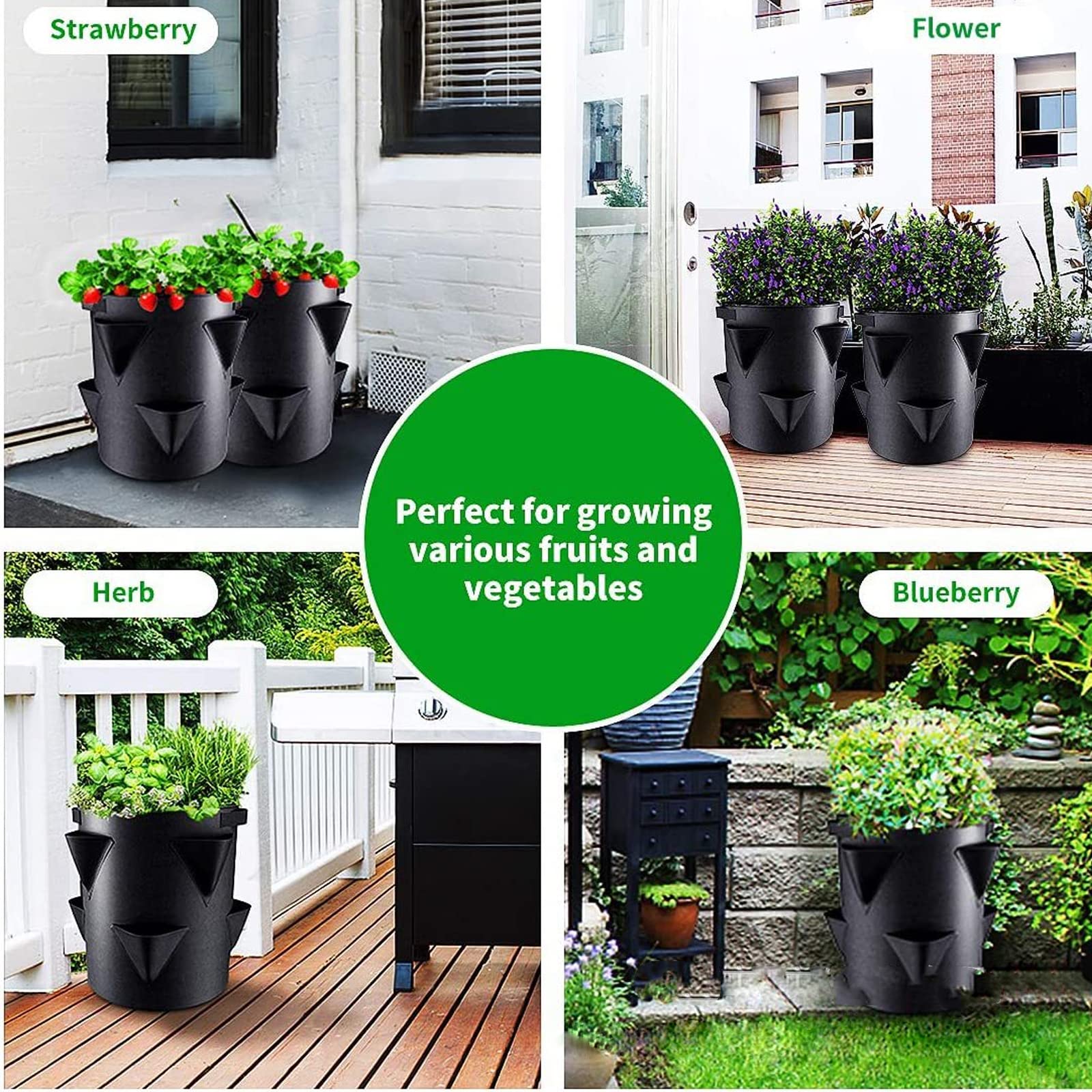 2Pcs Bolsas de Cultivo de Fresa, 5 Gallones Bolsa de Cultivo de macetas Colgantes Transpirables, 8 Bolsillos de Cultivo Laterales, Bolsa para Plantas y Vegetales