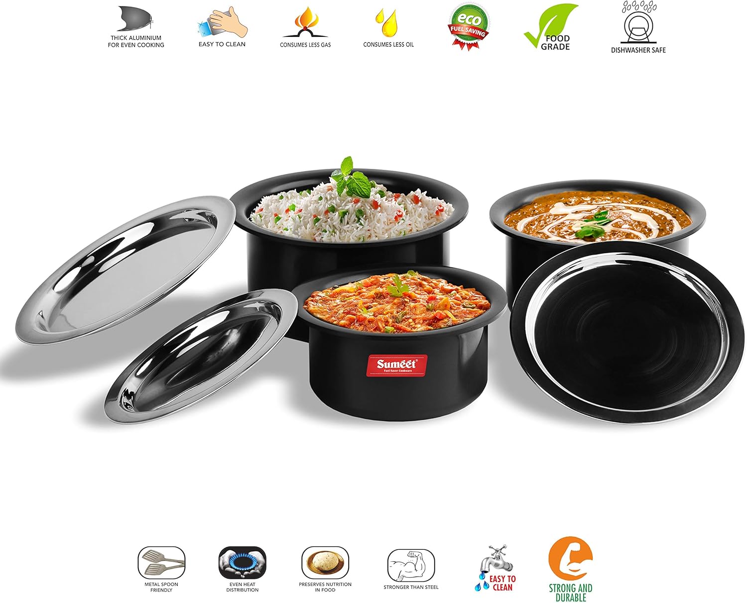 Sumeet Aluminium Cookware Set With Lid, 0.9 LTR, 1.4 LTR, 1.8 LTR, 3 Piece top, 3 piece lid (Black)