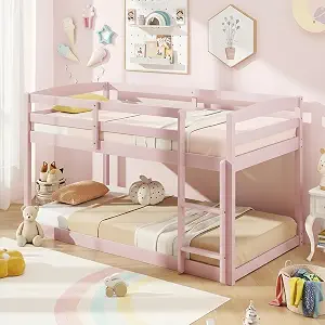 KOMFOTT Low Bunk Bed Twin Over Twin, Solid Wood Frame with Built-in Ladder & Safety Guardrails