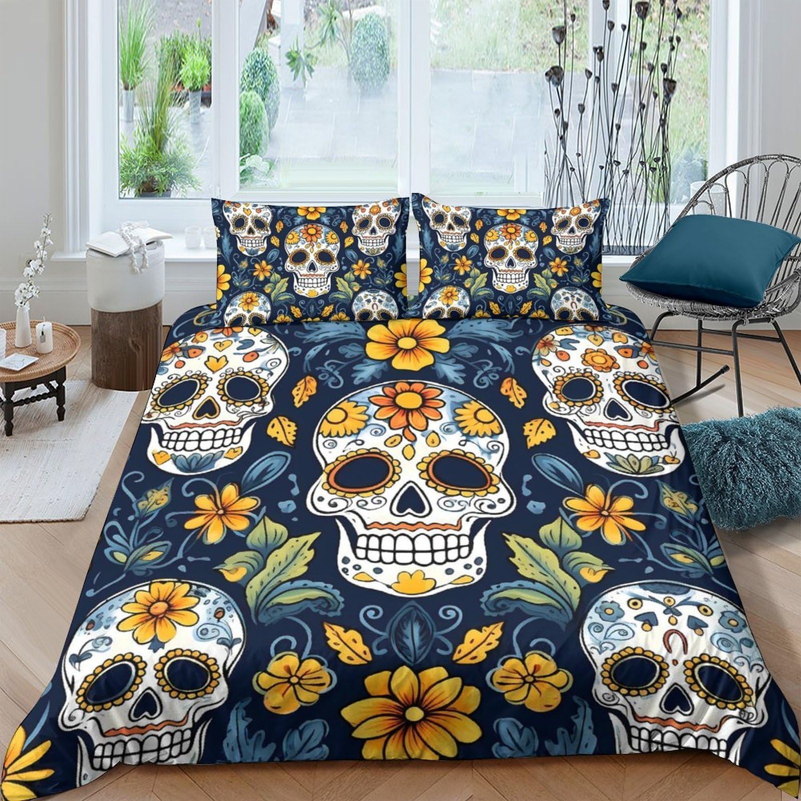Ctjqhvkz Style-5 3D Printed Sugar Skull Fitted Sheet Microfiber Floral Bed Cover For Bedroom Guest Room Easy Care Decor Single（135X200cm）