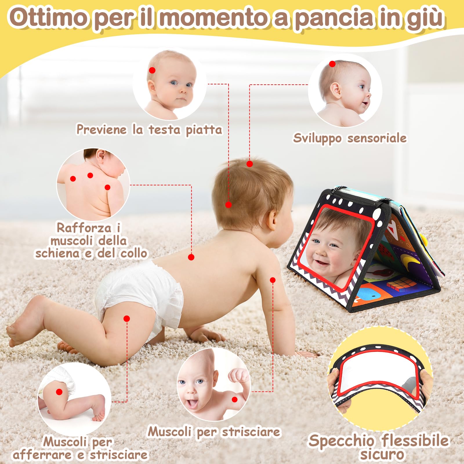 Giochi Montessori Neonato 0 3 6 12 Mesi, Libro Sensoriale con Specchio, Tummy Time Morbidi di attività Giocattoli Educativi Interattivo Regali