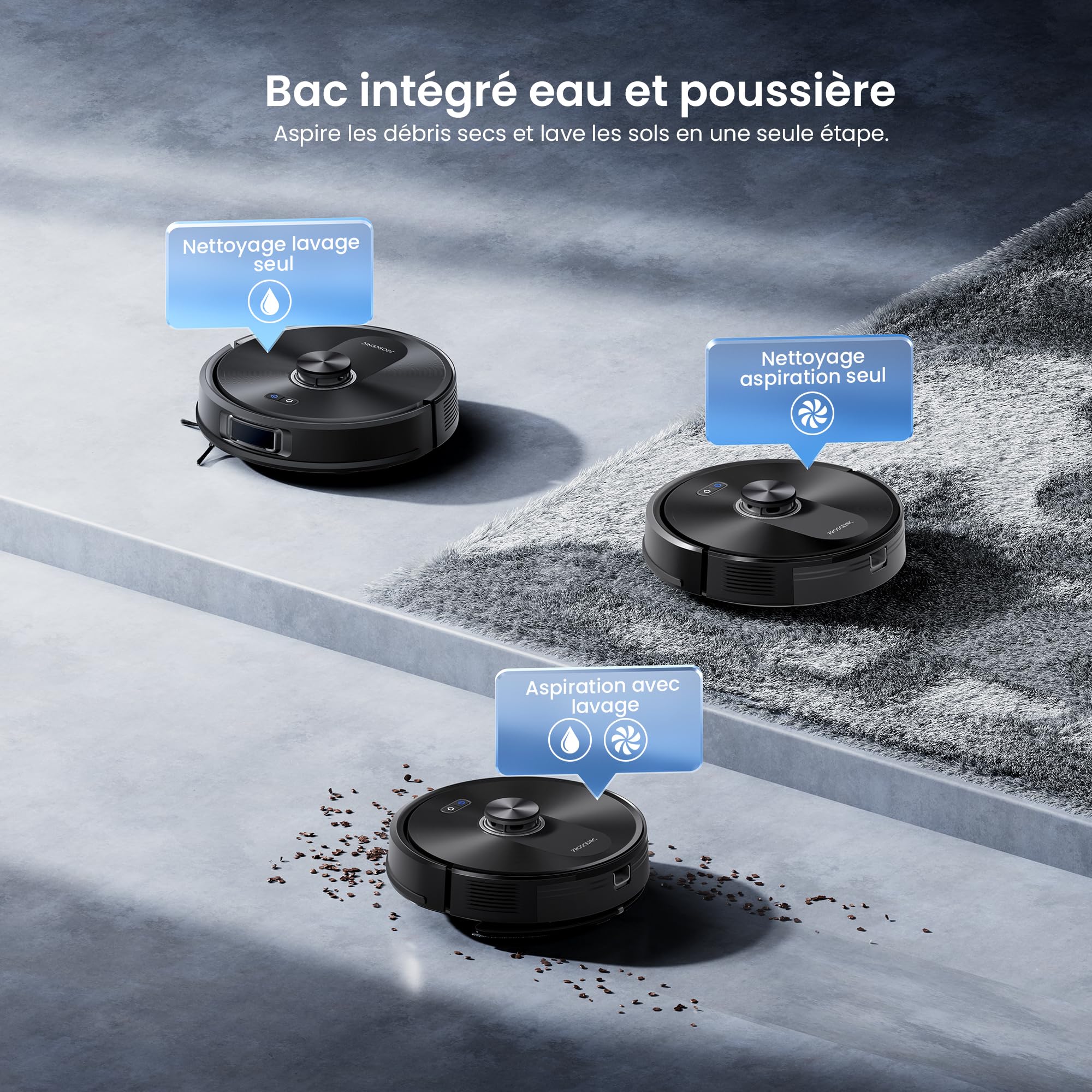 Proscenic Robot Aspirateur Laveur, 10000Pa 200Mins Aspirateur Robot avec Serpillière,Navigation Lidar,Multi-étage Cartographie,Évitement d'obstacles,Silencieux,pour Poils Animaux Tapis Sols Durs