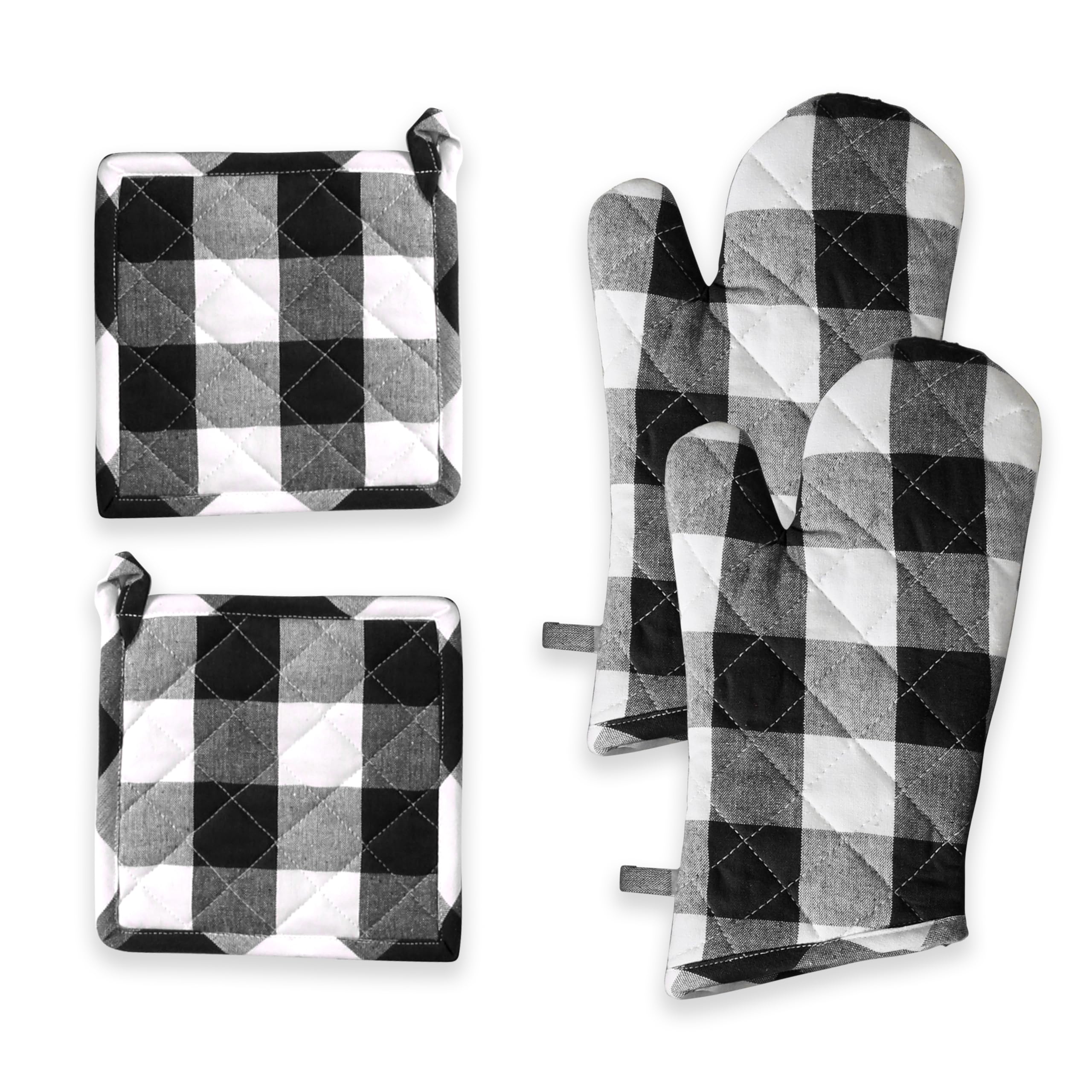 Manopla de horno y soporte para ollas, a cuadros, 100% algodón, resistentes al calor, guantes de horno (7 x 13 pulgadas) y almohadillas calientes (8 x 8 pulgadas) para hornear,