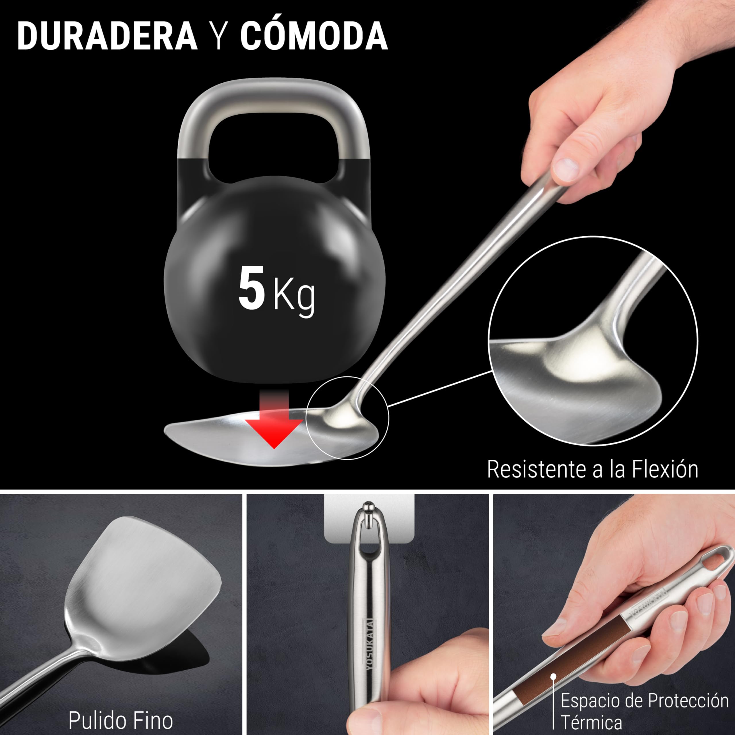 OSUKATA Espátula y Cucharón y Espátula de Cocina Ranurada para Wok 43 cm - Juego de Utensilios de Acero Inoxidable 304 - Cuchara Ranurada - Cucharón Sopa - Pala Cocina - Accesorios de Wok