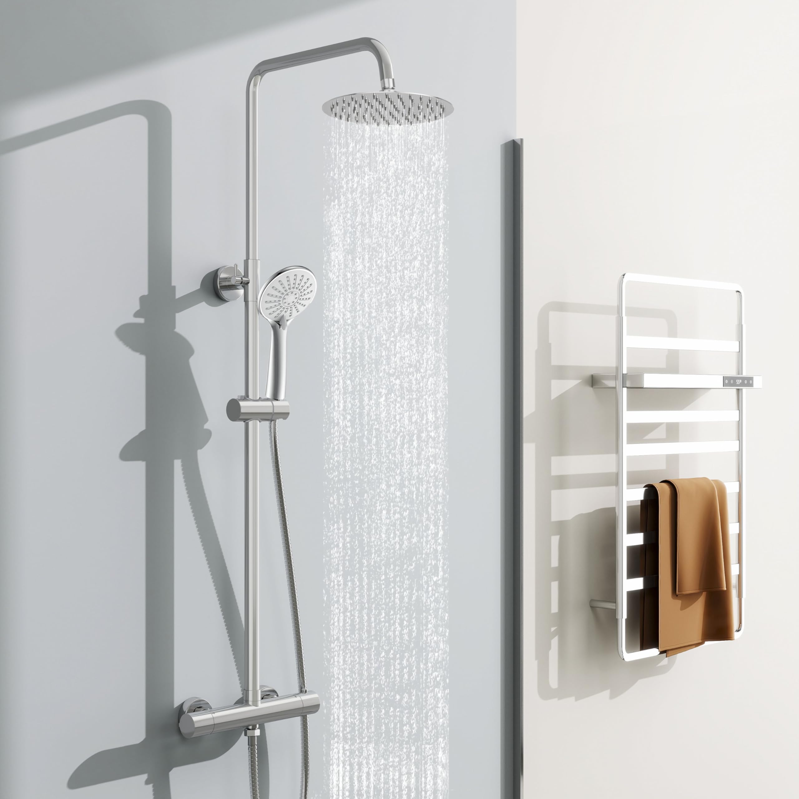 Simple Bathrooms Chrome Simple Bathroom Thermostatic Shower Mixer Set - Stainless Steel Shower System With Adjustable Slide Bar, 20Cm Rainfall And Handheld Showerhead,