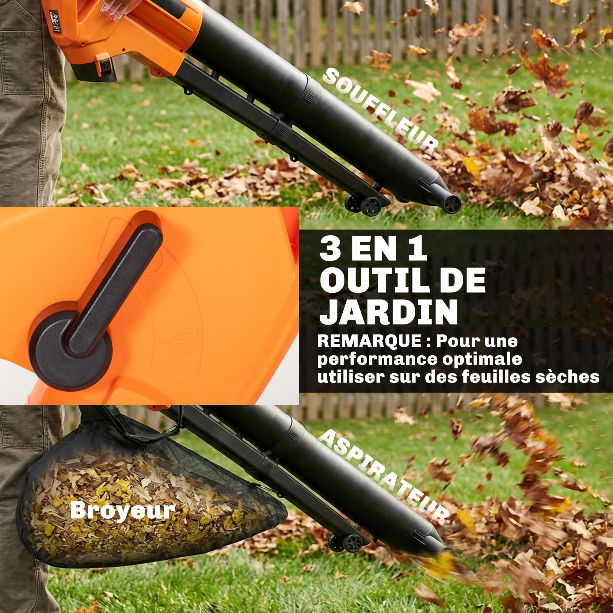 Outsunny Aspirateur-Souffleur de Feuilles Filaire 3000W 3-en-1 avec Fonction Broyage, Sac 40L