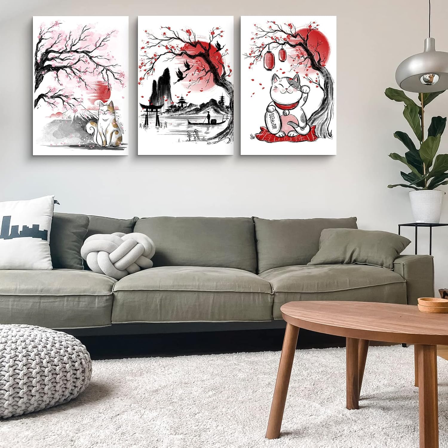 3 Piece Canvas Wall Art for Living Room Cherry Blossom Decor Japanese Decorations Painting Bathroom Bedroom Decor Red White Picture Japan Bay Ink Wash Modern Artwork Framed Ready to Hang Artwork-02 12x16inch x 3 Panels