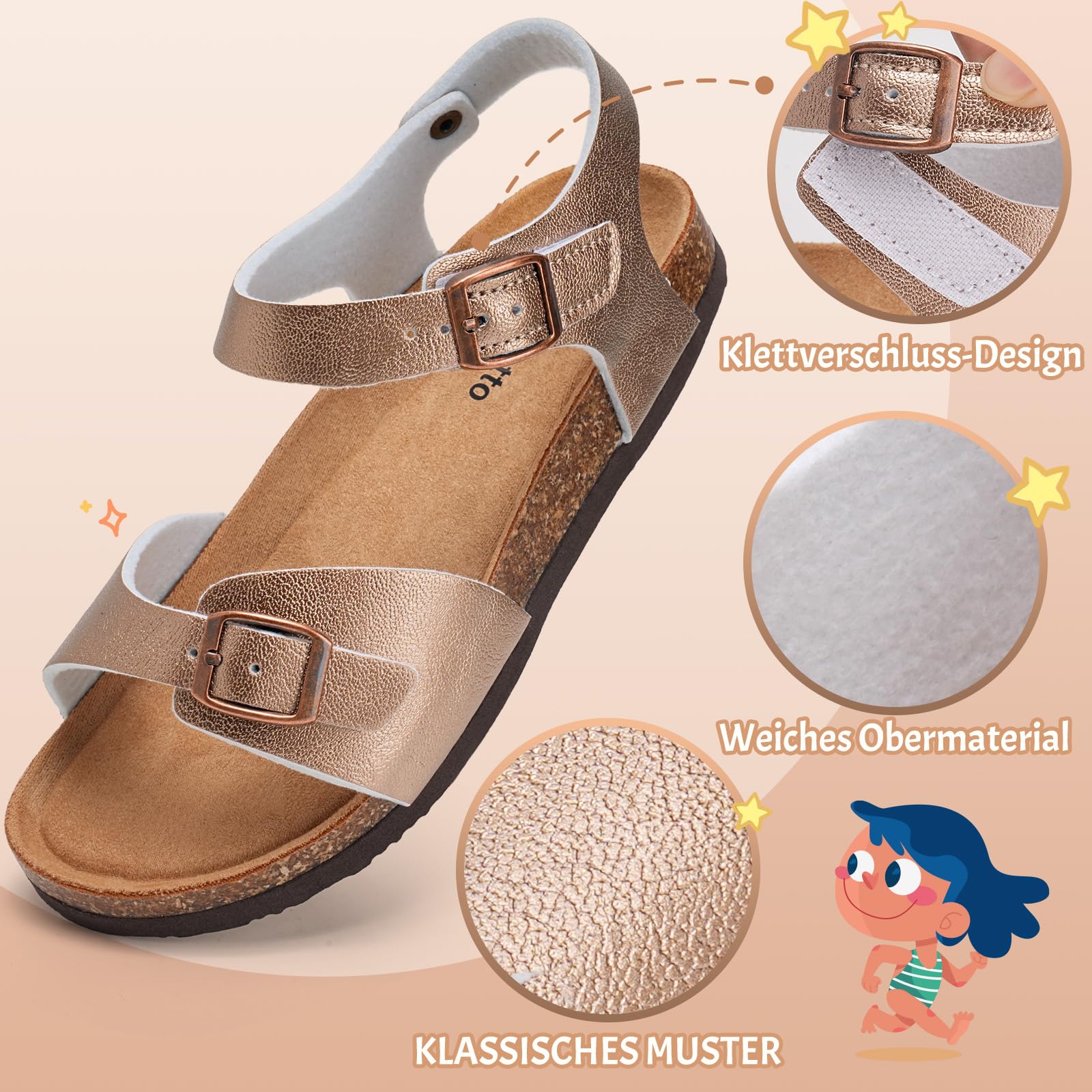 Torotto Sandalen Mädchen Jungen Mit Kork Sandals Kinder Pantoffeln Riemen Verstellbare Schnalle Rutschfeste Mit Klettverschluss Sandaletten für Drinnen und Draußen(Klassisch Gold, 32EU)