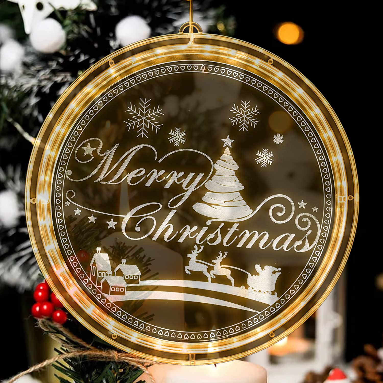 Cettkowns Christmas Windows Decorations Hanging Led 3D Lights Backdrop String Lights Battery Operated for Outdoor Indoor Windows Pathway Patio Bedroom Party Holiday Wall Warm White