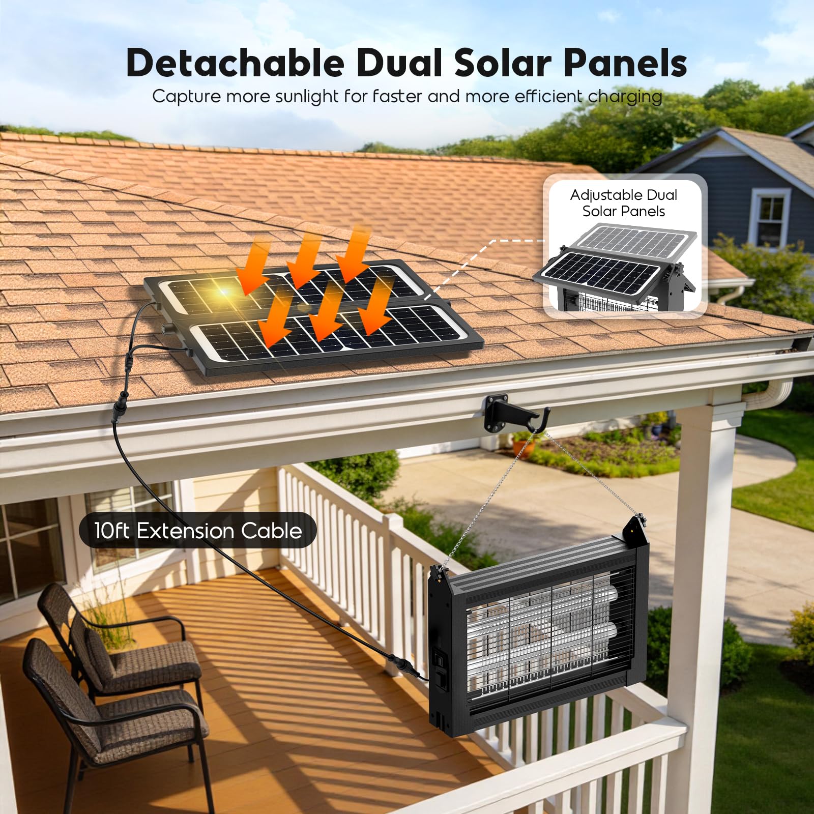 Solar Bug Zapper Outdoor 4500V Moskito Zapper mit Dual Solar Panels | Auto On/Off, IPX5 Wasserdichter Mückenvernichter für Hinterhof, Terrasse, Garten, Camping und bis zu 1/2 Acre Abdeckung