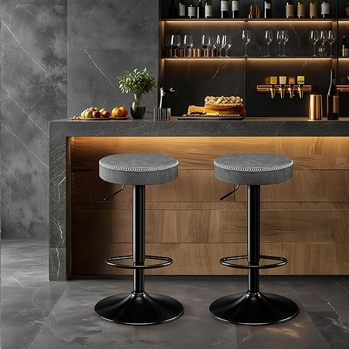 Miniatura 8 de Juego de 2 taburetes de bar ajustables de cocina sin espalda con asiento redondo, taburetes de bar giratorios de 360, sillas de bar modernas de