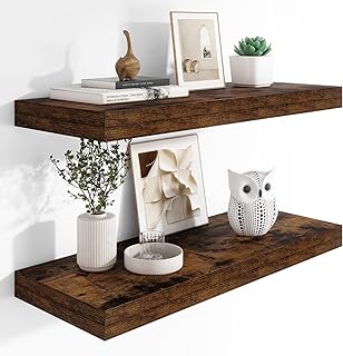 Heimlove 12" Deep Floating Shelves, 36 x 12 Inch Wall Mounted Long Floating Shelf with Invisible Brackets, for Home Decor, Bedroom, Kitchen, Living Room, Bathroom - 2 Pack, Rustic Brown
