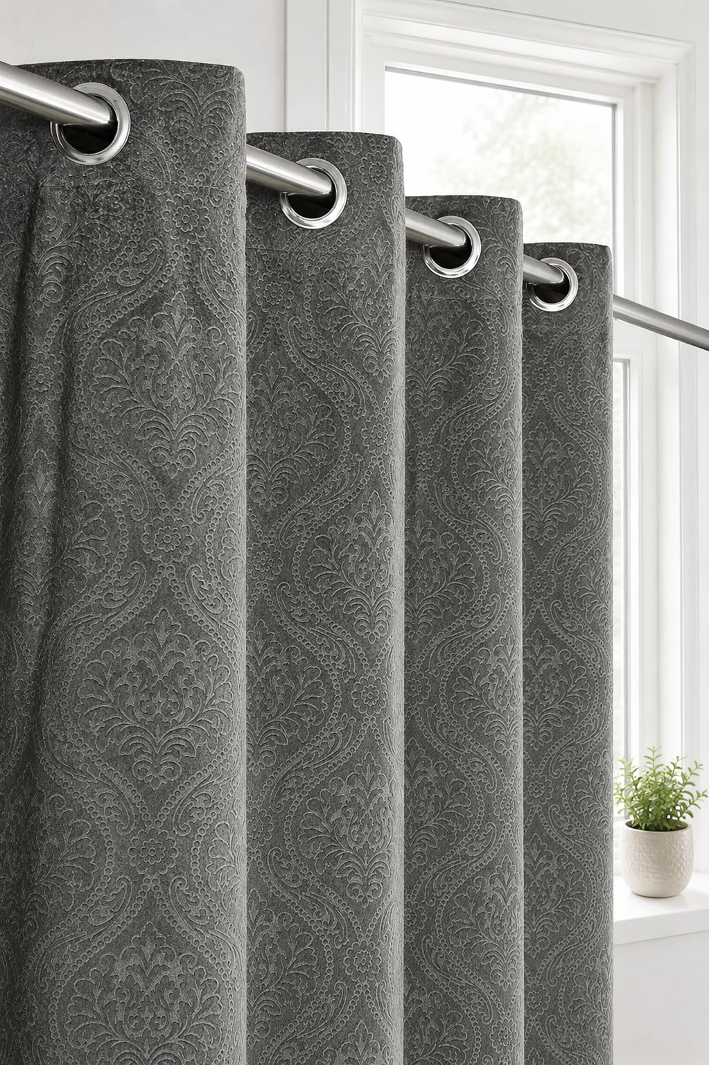 Velvet Embossed Curtains - 7 Feet Long, Cream -7 Velvet Embossed Curtains - 7 Feet Long, Cream -7