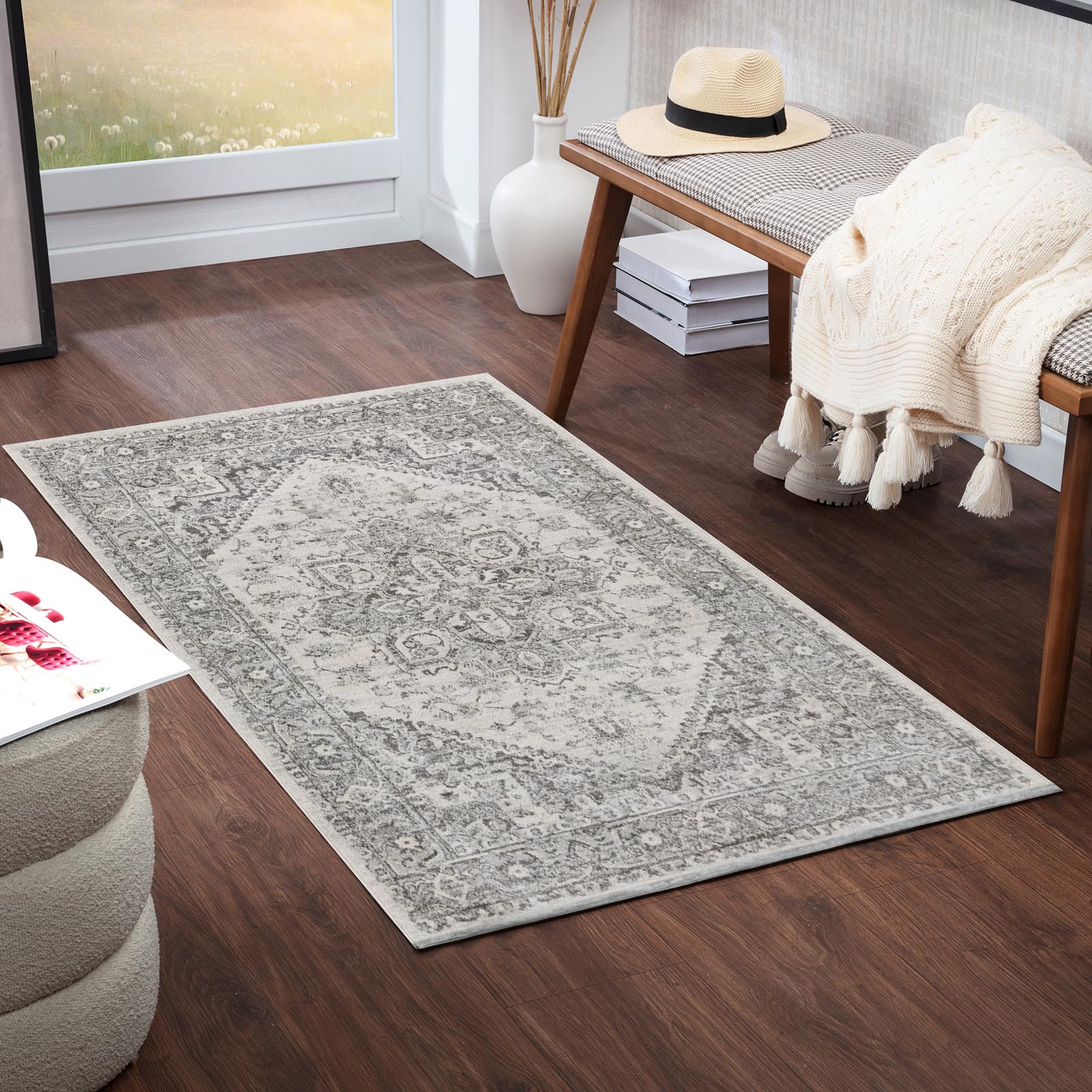 Livabliss Farah Khartoum Vintage Runner 80x150 cm – Scandi Neutral Boho Pattern for Hallway & Living Space, Easy Care, Grey & Beige