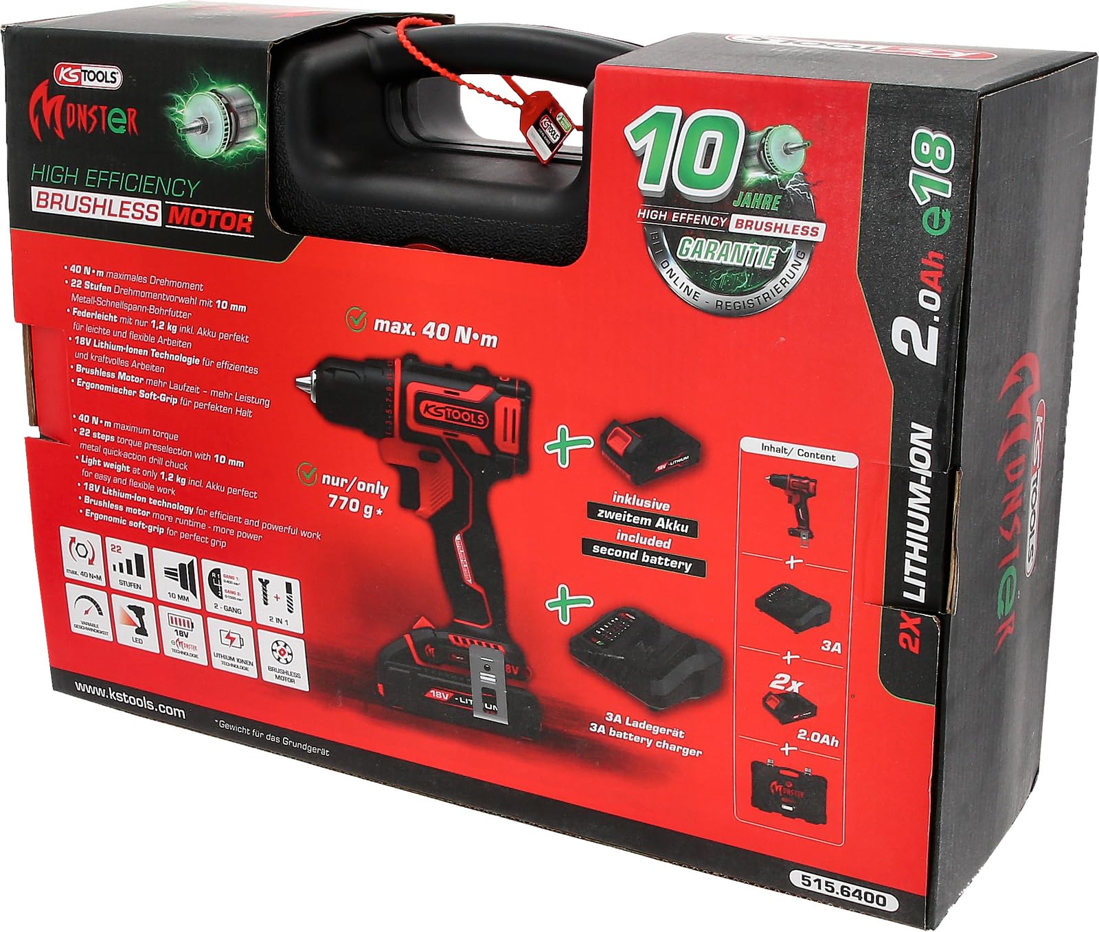 KS Tools 515.6400 eMONSTER bezszczotkowa wiertarko-wkrętarka akumulatorowa, 4-częściowy
