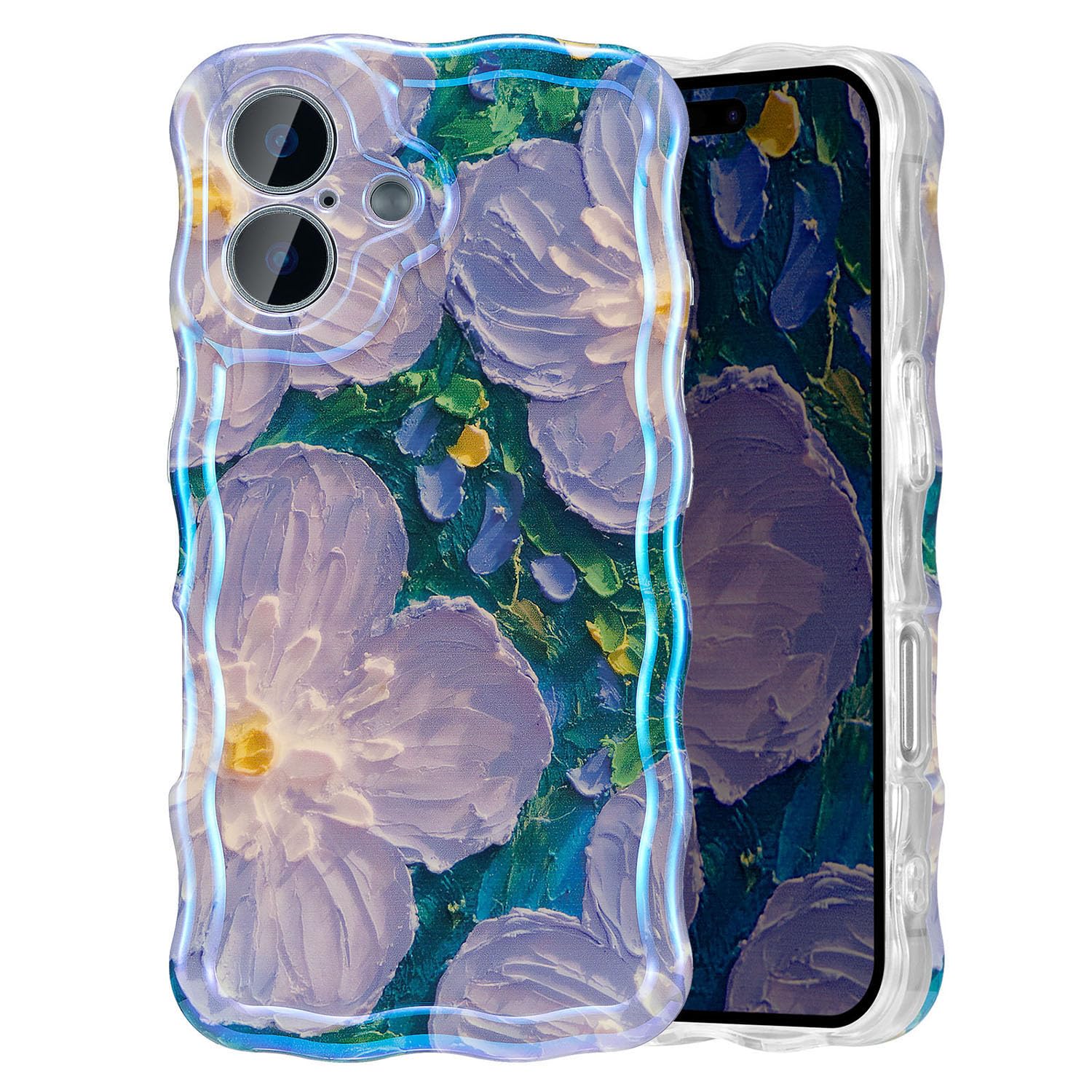 UEEBAI Case for iPhone 16 6.1", Glossy Oil Painting Flower Pattern Case, Curly Wave Frame, Cute Pretty Aesthetic - Image 2