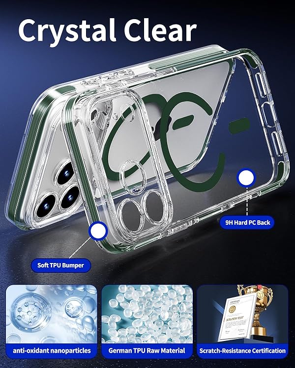 COOLQO for iPhone 17 Pro Case: Clear Magnetic Phone Cases with Detachable DIY Soft Strip and Camera Cover Compatible with MagSafe Slim Anti Yellowing Shockproof Protective Phone Bumper, Green by COOLQO - Image 4