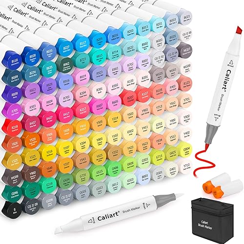 Caliart 121 Colors Alcohol Markers Brush Tip, Dual Tip Artists Coloring Markers Set Brush & Chisel, Permanent Alcohol Based Colored Sketch Pens, Art Supplies Gifts for Adults Illustration Drawing - 121 - Chisel & Brush