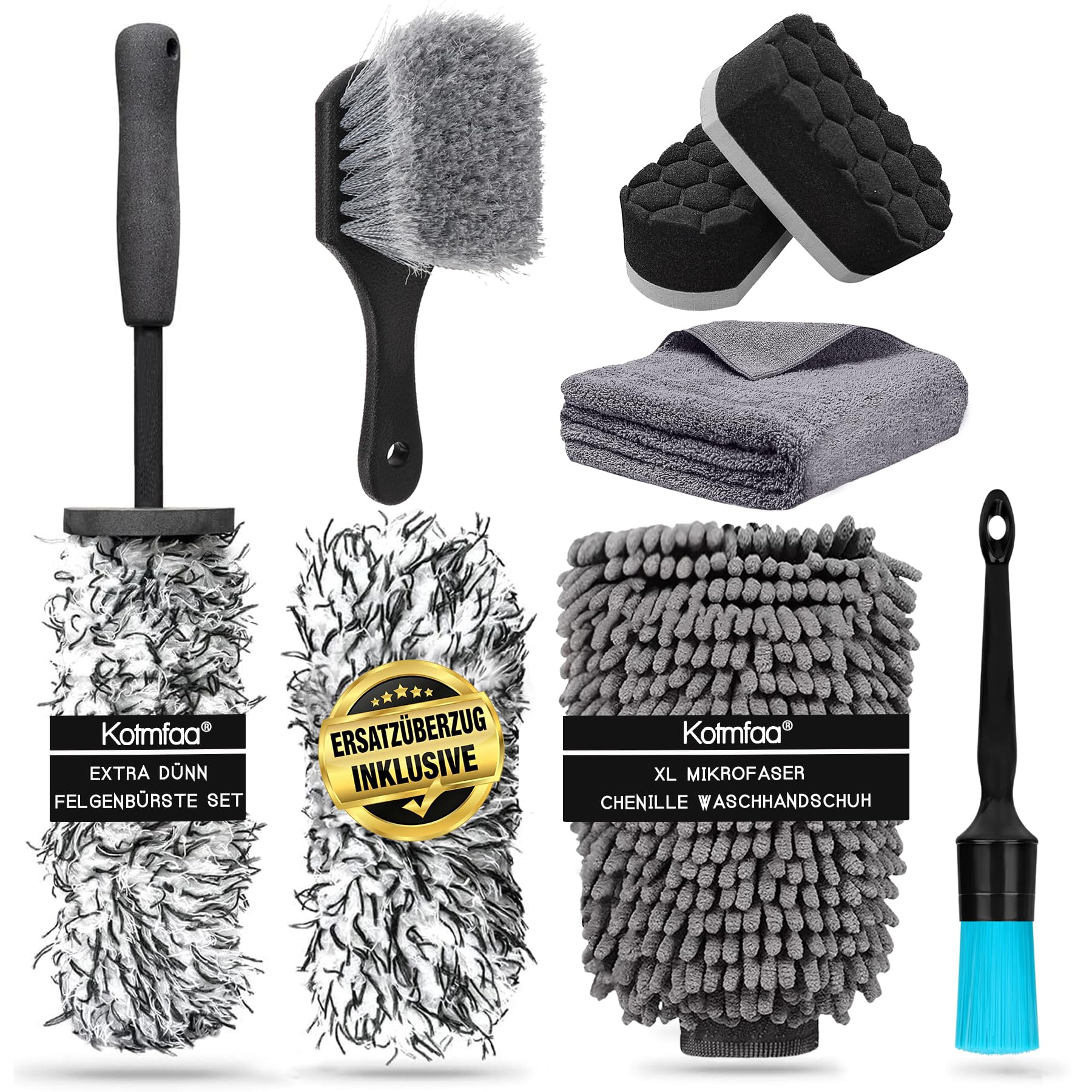 Kotmfaa Felgen Reinigungsset mit Mikrofaser Felgenbürste extra dünn, Reifenbürste, Auto Detailing Pinsel, Reifenglanz Schwamm, Trockentuch, Waschhandschuh | schonende- & kratzfreie Autowäsche Pflege