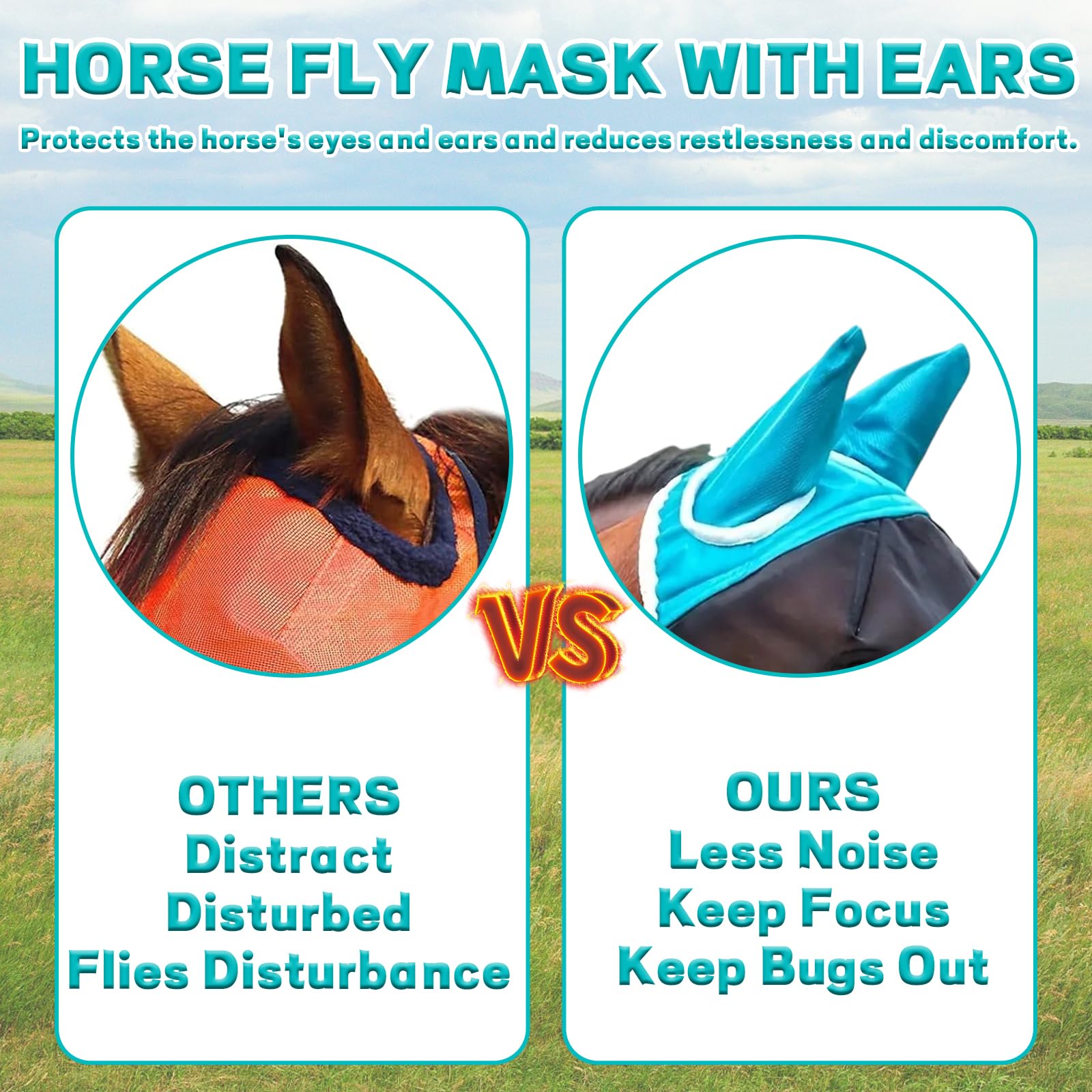 Horse Fly Mask, Adjustable Fly Masks for Horses Elasticity Omfortable Big Eye Distance Mosquito Proof (L) - Image 4