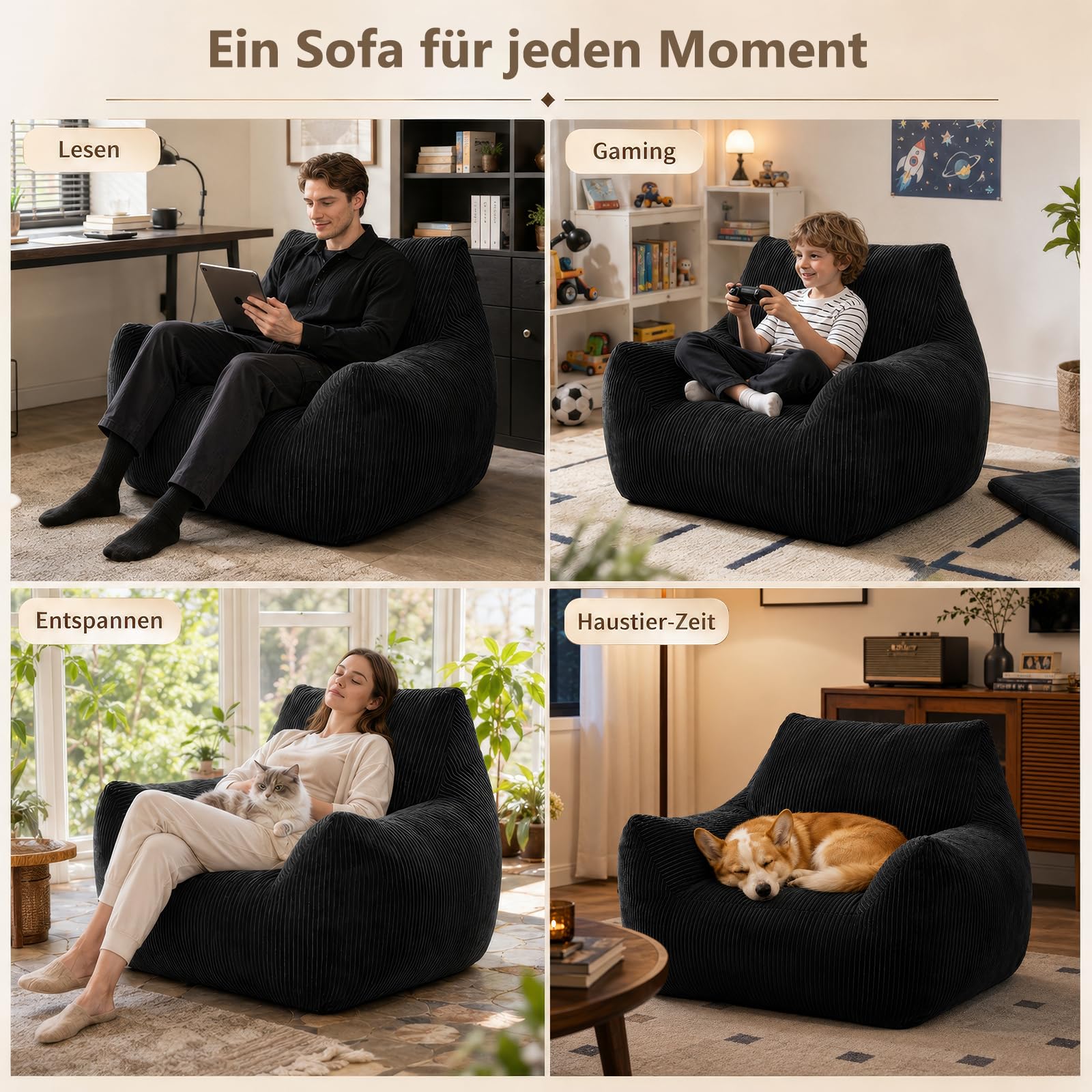 Puf para adultos con relleno, sillón de pana con respaldo, sillón grande para videojuegos y silla de suelo para salón, dormitorio y habitación juvenil, 80 x 73 x 80 cm, color negro