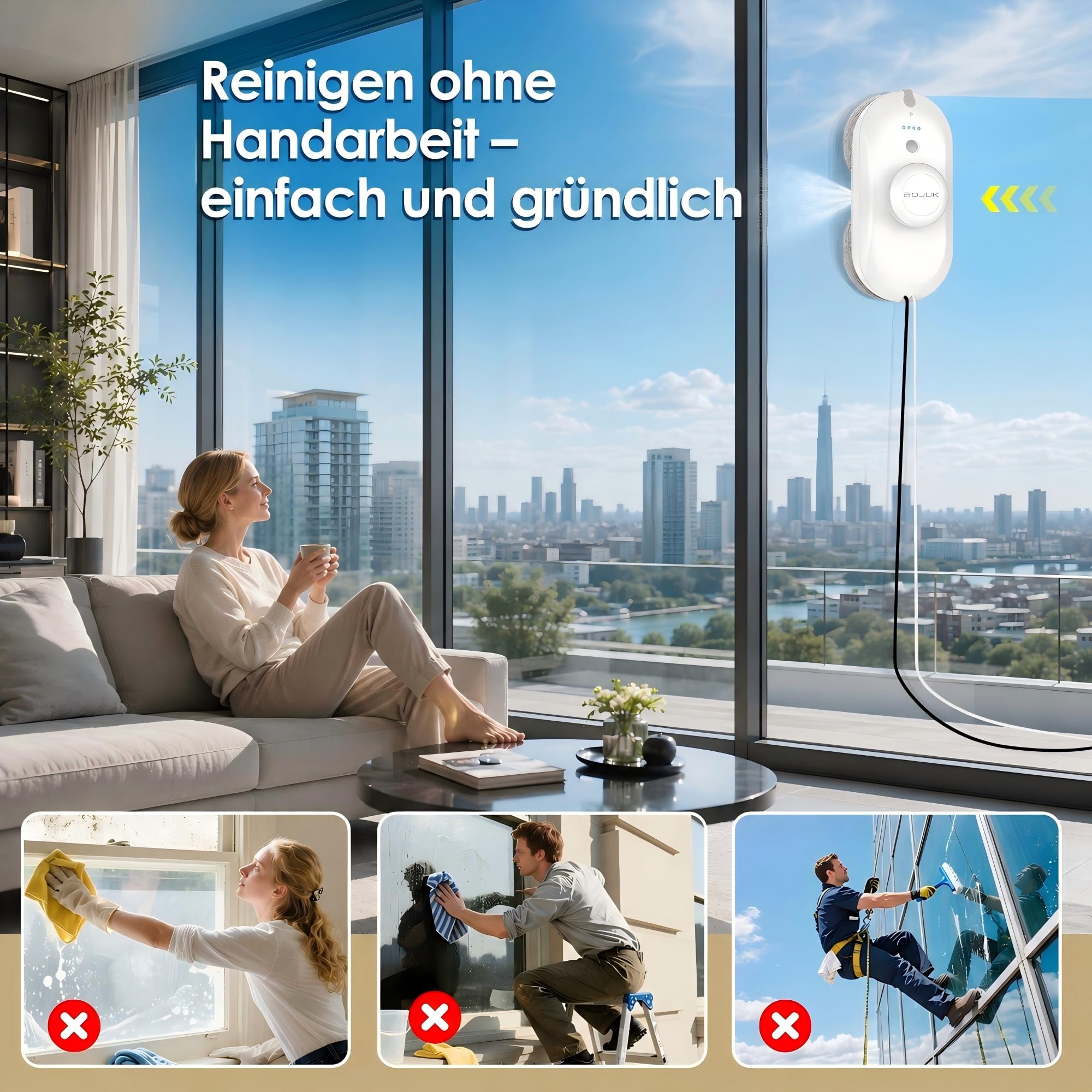 Fensterputzroboter, 5000Pa Fensterroboter, Dual-Sprühsystem, 100ml Tank, Intelligente Navigation, 3 Modi, Kantenerkennung, UPS, lückenlose Reinigung für Glas & rahmenlose Fenster