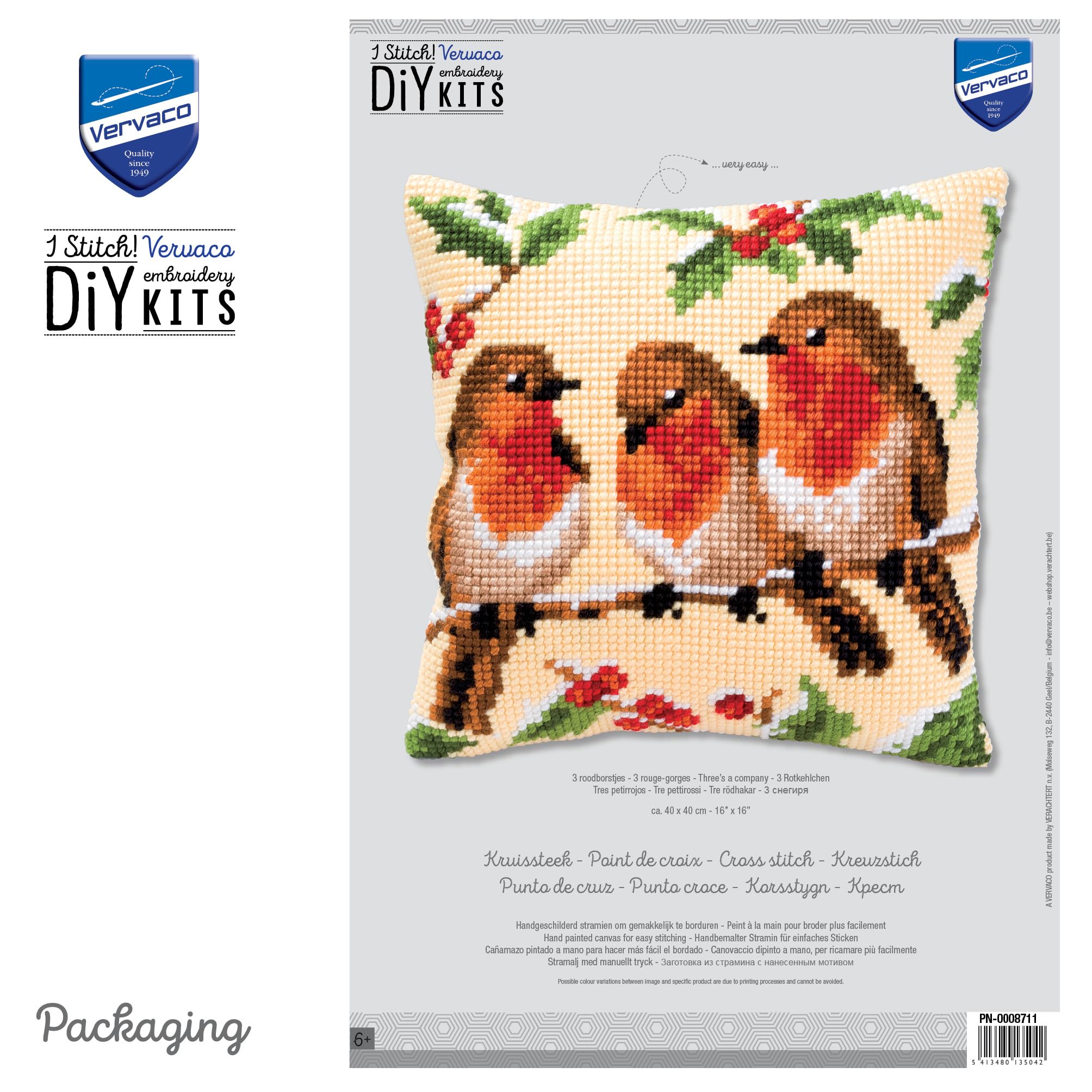 Vervaco Punto De Cruz Kit Cojin Decorativo 3 PETIRROJOS Manualidades Adultos Decoracion Bordar Kit Principiantes Completo DIY Bordado Creativo Regalo ca. 40x40 cm Cross Stitch Embroidery
