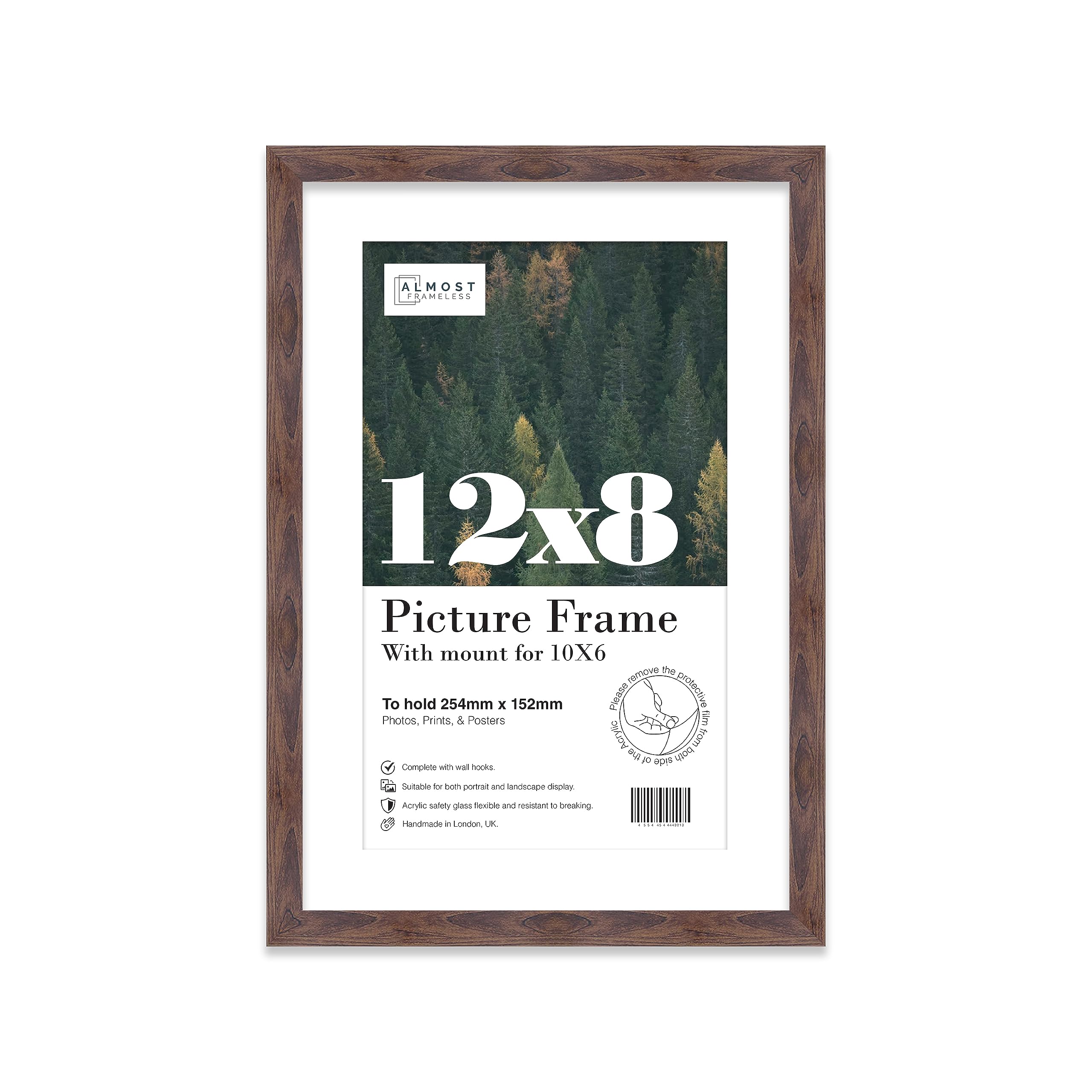 Almost Frameless 12x8 Walnut Picture Frame With Mount for 10x6 Print, Poster or Photo Poster, Photo, Artwork, or Print. Thin Edge Slim Frame Portrait and Landscape Display with Wall Hooks