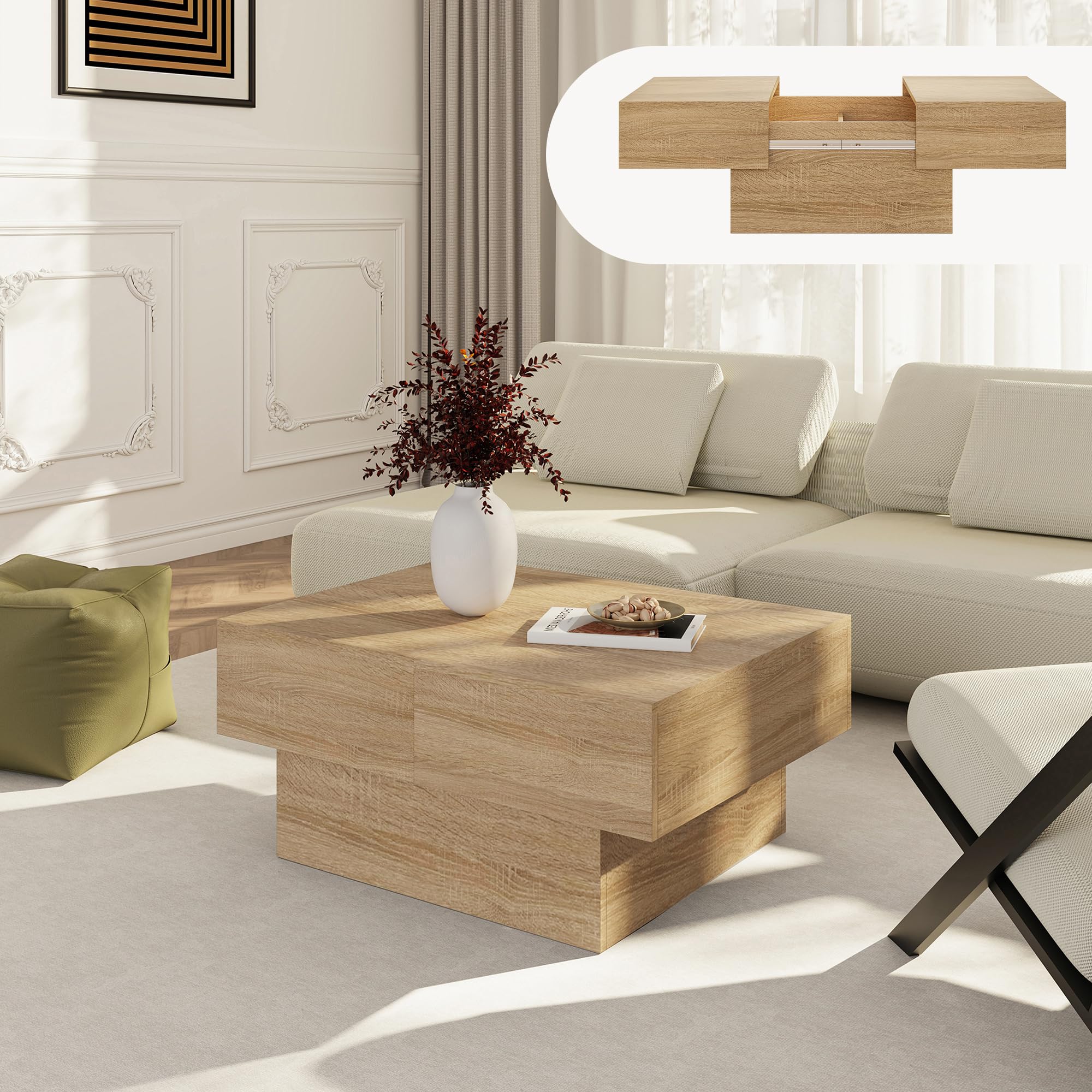 [en.casa] Tavolino da Caffè con Piano Rettangolare Scorrevole e 2 Scomparti Tavolo Basso Centrale da Salotto a 2 Vani Portaoggetti Chiusi 80 x 60 x 36 cm per Soggiorno - Effetto Rovere