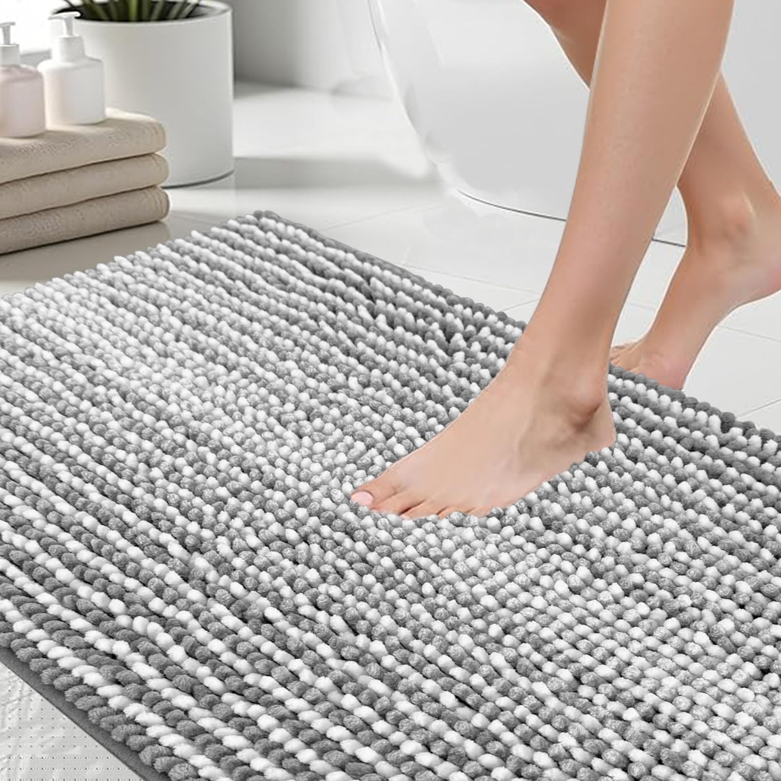 HDFK Bath Mat & Bathroom Rug - Soft XL Chenille Carpet, Machine Washable Quick-Dry Non-Slip Shower with Hot Melt Adhesive Base, Medium-Pile Striped