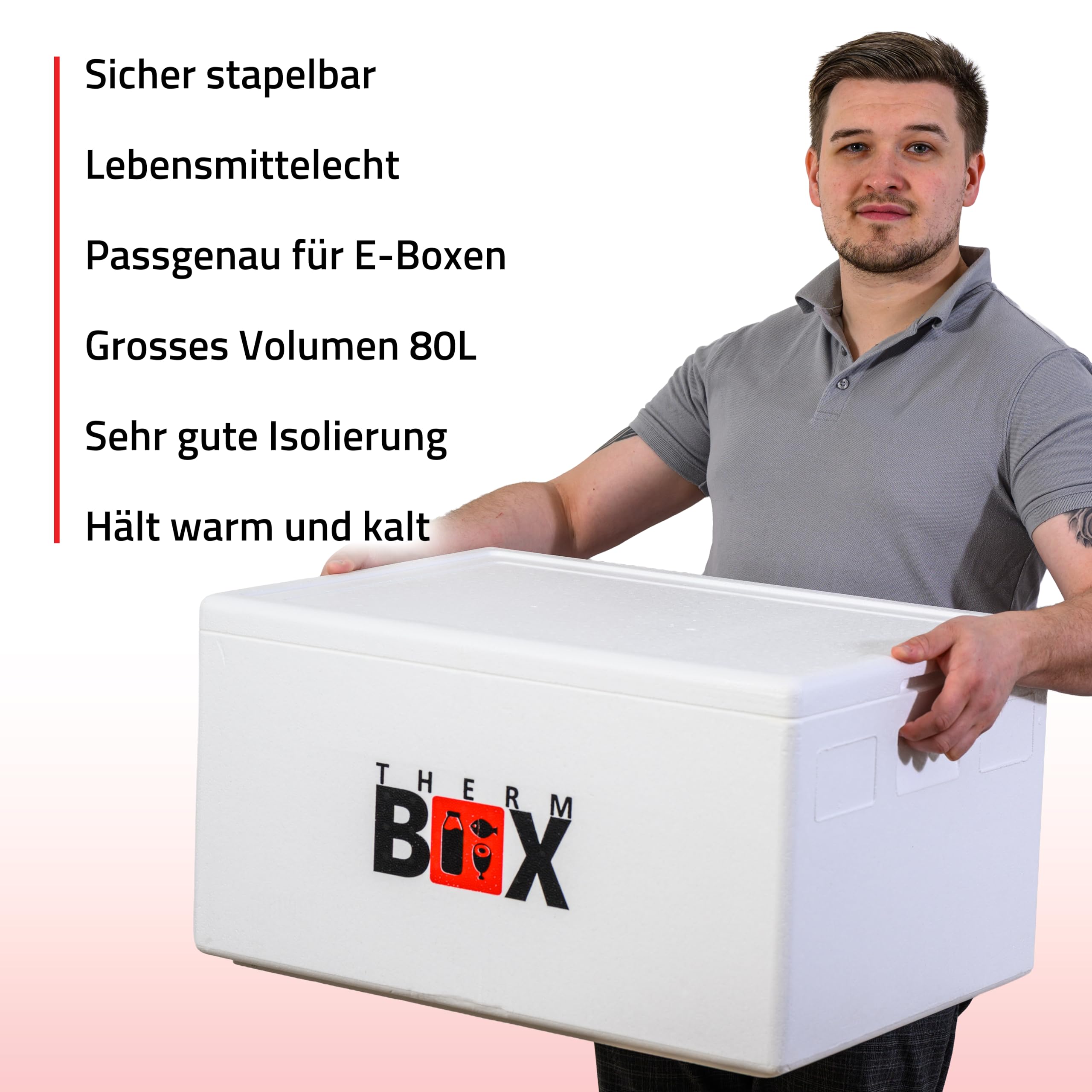 THERM BOX Scatola in polistirolo da 80 W, 80 litri, per scatola E3, per interni, 62,5 x 44 x 30 cm, spessore della parete 3 cm, contenitore termico, contenitore termico, contenitore termico E3