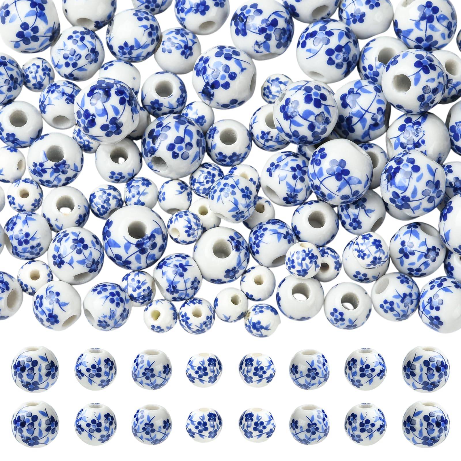 WEWAYSMILE 100Pcs Flower Ceramic Beads for Jewelry Making Blue Flower Printed Porcelain Beads Handmade Bright Glazed Round Spacer Bead for DIY Bracelets Necklace Earrings Crafts（6mm/8mm/10mm/12mm）