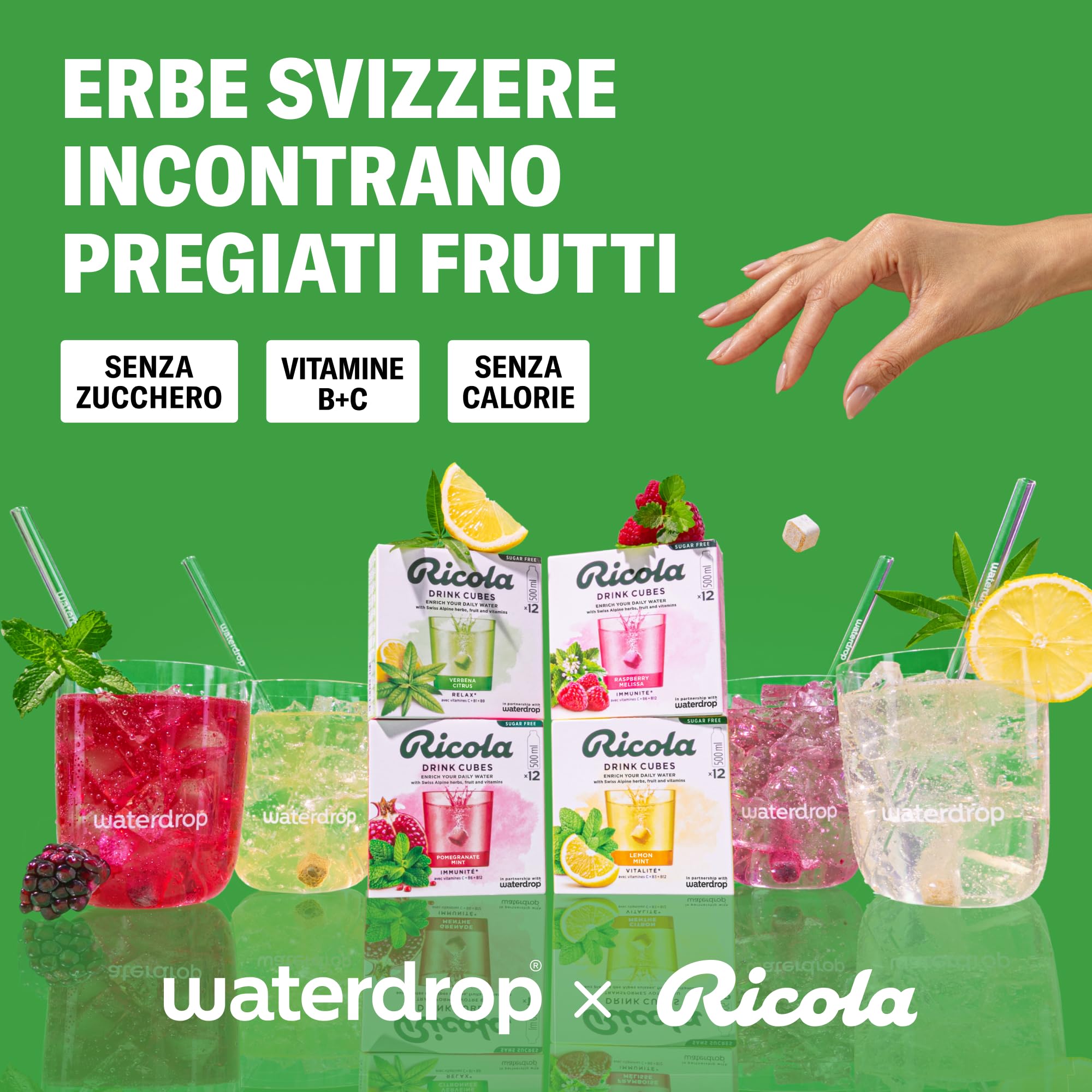 waterdrop® x Ricola - 48 Cubetti per Acqua - Pacchetto di Prova 4 Gusti Aromatizzanti - Lampone Melissa, Verbena Agrumi, Melagrana Menta & Limone Menta, Acqua aromatizzata Senza Zucchero, Vitamina C