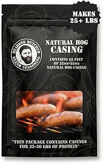 Bearded Butchers Natural Hog Casings 32-35mm (1.25–1.38") – Edible Sausage Casing for Up to 25–30 lbs of Protein – Resealable Bag for Easy Storage – Bratwurst, Italian, Polish, Hot Dogs – Pre-Flushed, Soak & Stuff